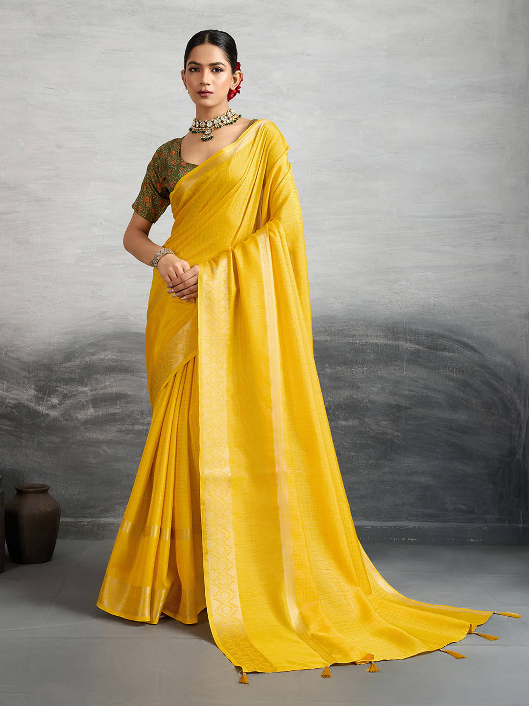 PANZORA Cotton Blend Solid Regular Saree With Unstitched Blouse Piece ( Yellow ) PANZORA Cotton Blend Solid Regular Saree With Unstitched Blouse Piece ( Yellow )
