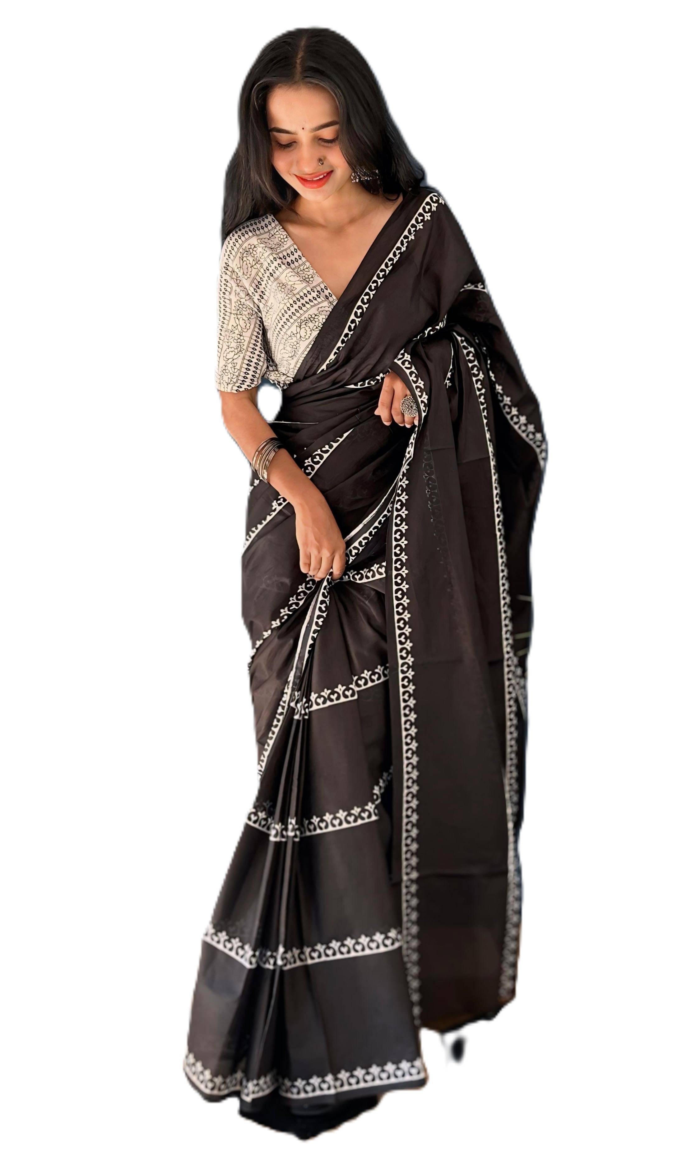 PANZORA Cotton Printed Regular Saree With Unstitched Blouse Piece ( Black ) PANZORA Cotton Printed Regular Saree With Unstitched Blouse Piece ( Black )