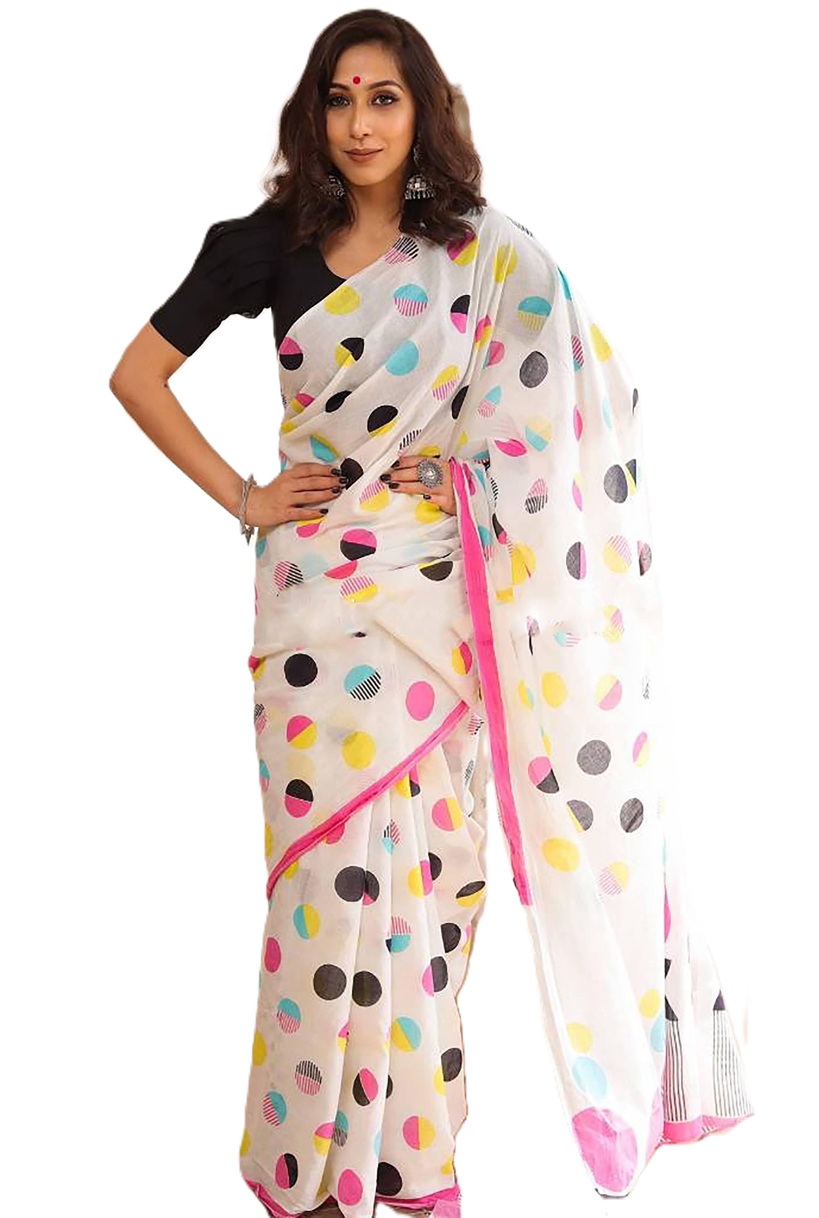 PANZORA Cotton Printed Regular Saree With Unstitched Blouse Piece ( White ) PANZORA Cotton Printed Regular Saree With Unstitched Blouse Piece ( White )