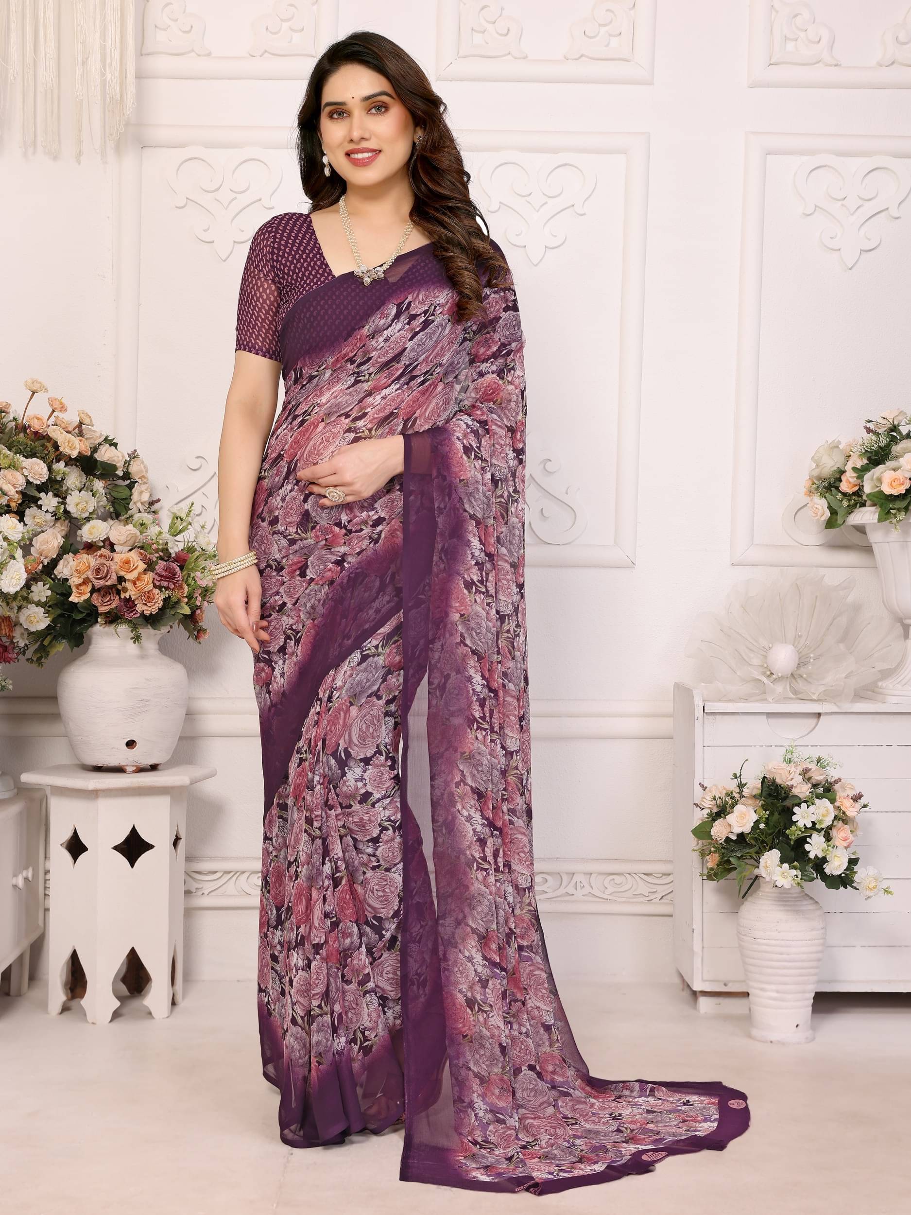PANZORA Georgette Solid Regular Saree With Unstitched Blouse Piece ( Purple ) PANZORA Georgette Solid Regular Saree With Unstitched Blouse Piece ( Purple )