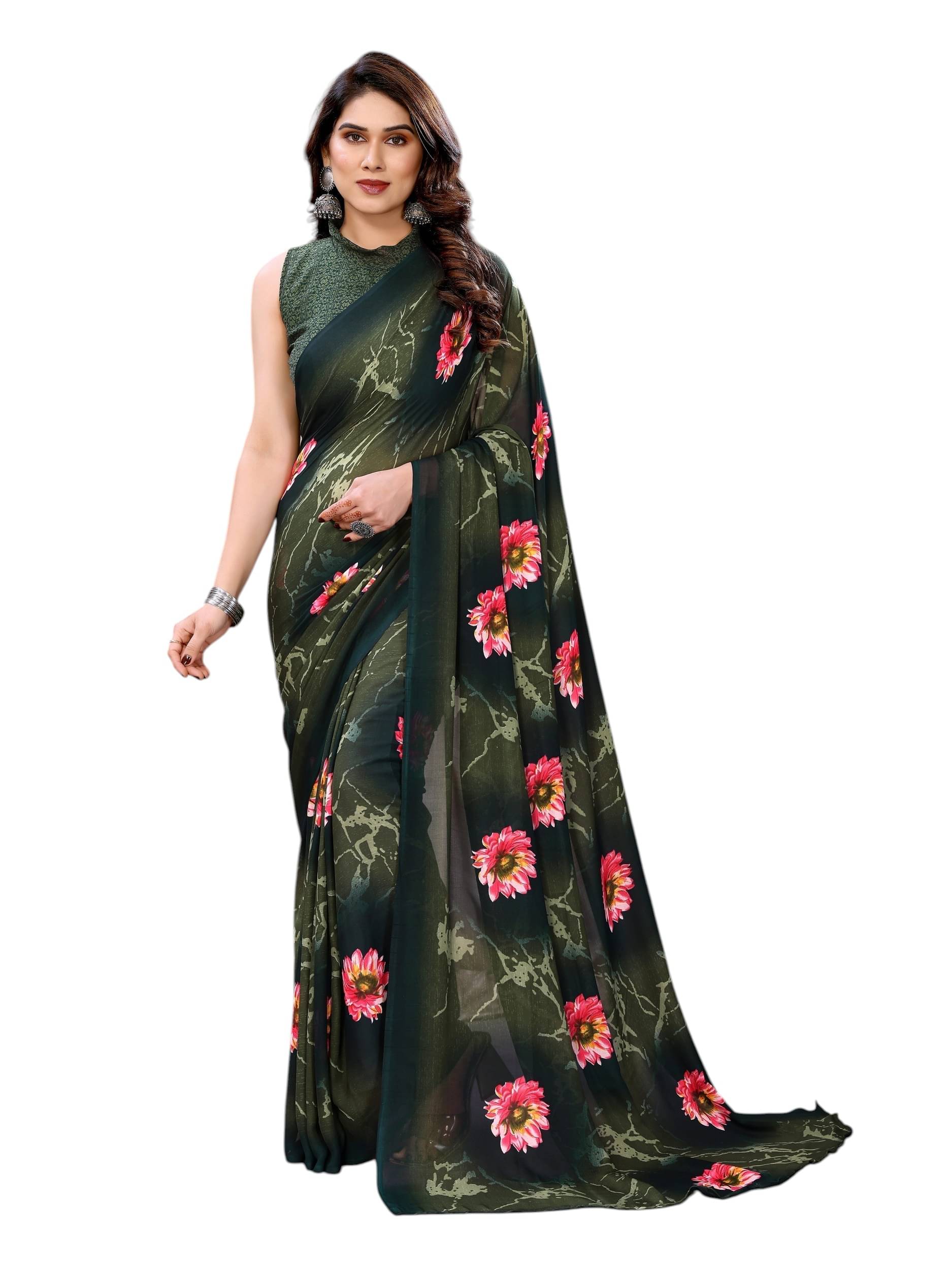     			PANZORA Georgette Solid Regular Saree With Unstitched Blouse Piece ( Green )