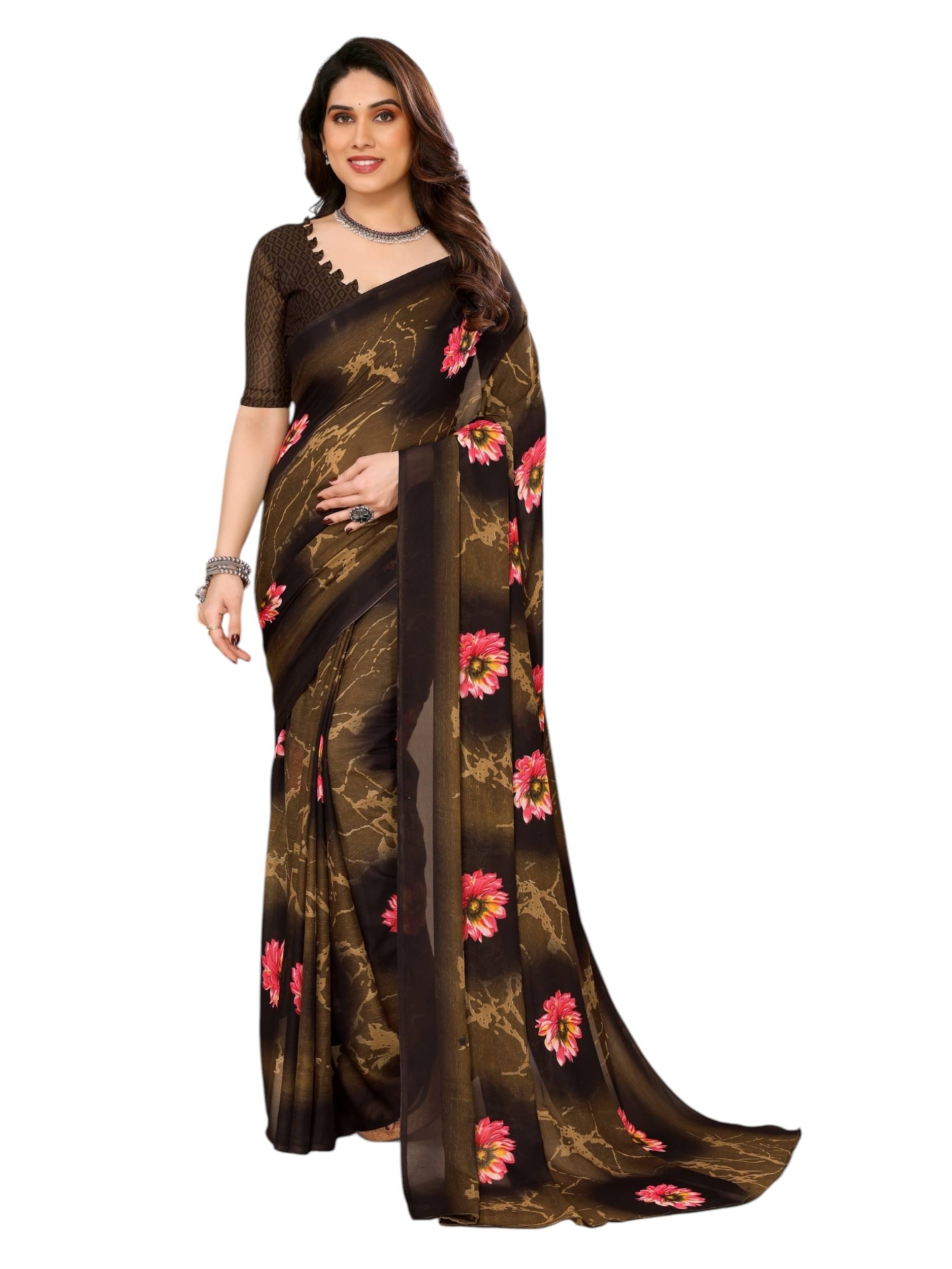 PANZORA Georgette Solid Regular Saree With Unstitched Blouse Piece ( Brown ) PANZORA Georgette Solid Regular Saree With Unstitched Blouse Piece ( Brown )