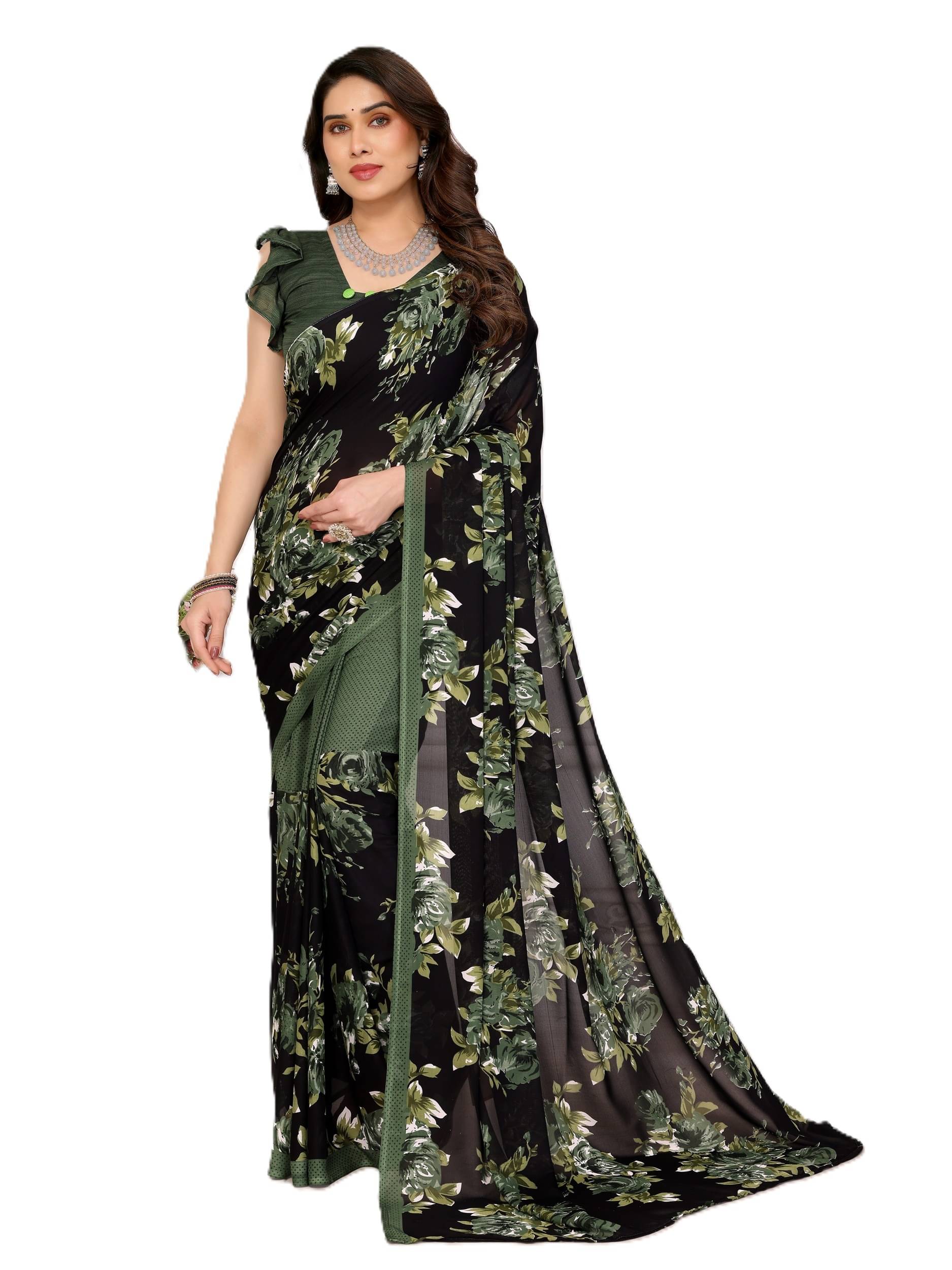 PANZORA Georgette Solid Regular Saree With Unstitched Blouse Piece ( Green ) PANZORA Georgette Solid Regular Saree With Unstitched Blouse Piece ( Green )