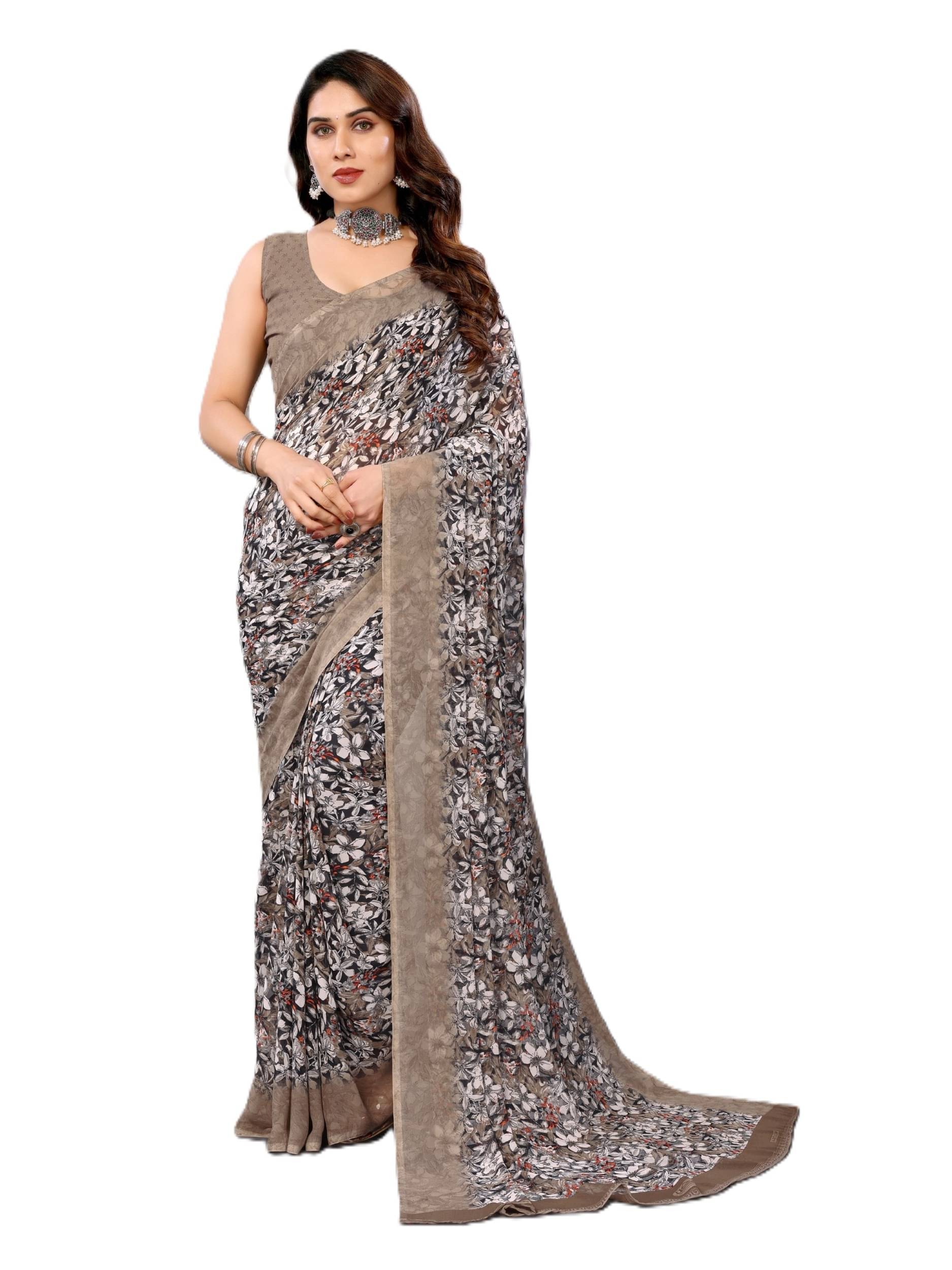    			PANZORA Georgette Solid Regular Saree With Unstitched Blouse Piece ( Brown )