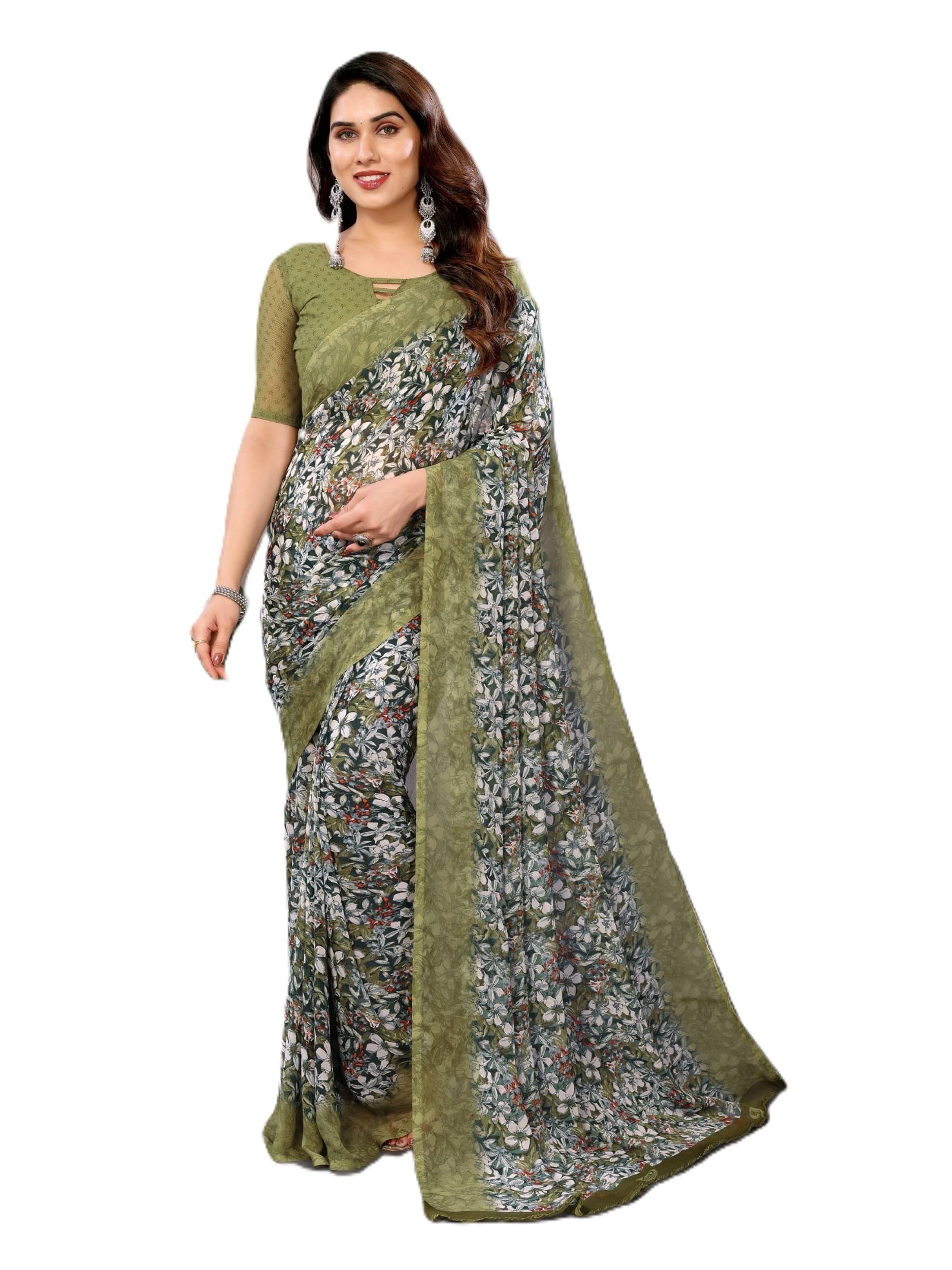 PANZORA Georgette Solid Regular Saree With Unstitched Blouse Piece ( Green ) PANZORA Georgette Solid Regular Saree With Unstitched Blouse Piece ( Green )