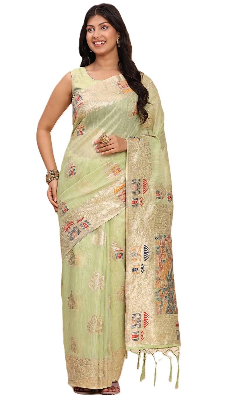 PANZORA Linen Solid Regular Saree With Unstitched Blouse Piece ( Green ) PANZORA Linen Solid Regular Saree With Unstitched Blouse Piece ( Green )