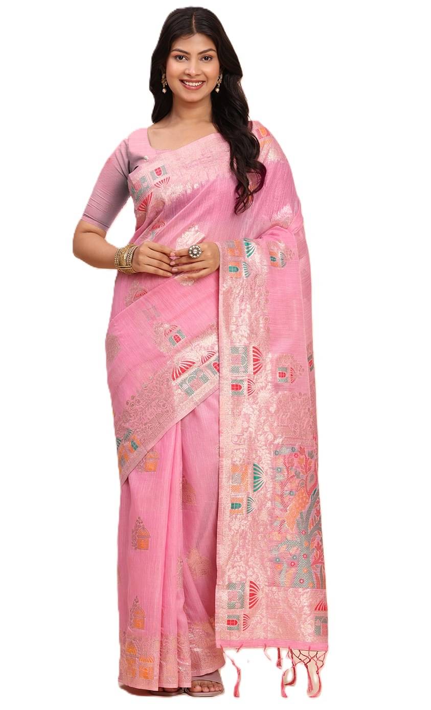 PANZORA Linen Solid Regular Saree With Unstitched Blouse Piece ( Pink ) PANZORA Linen Solid Regular Saree With Unstitched Blouse Piece ( Pink )