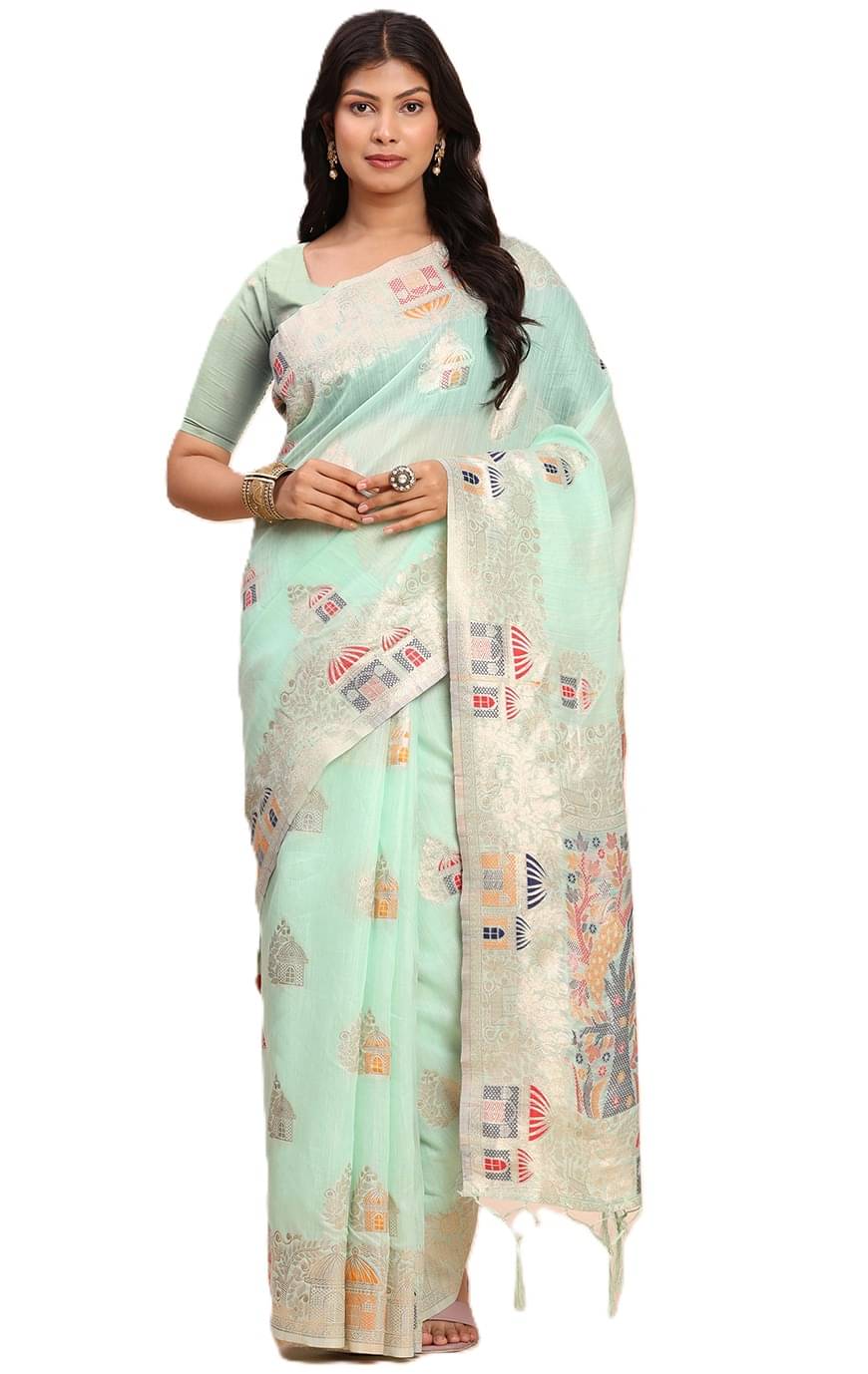     			PANZORA Linen Solid Regular Saree With Unstitched Blouse Piece ( Blue )