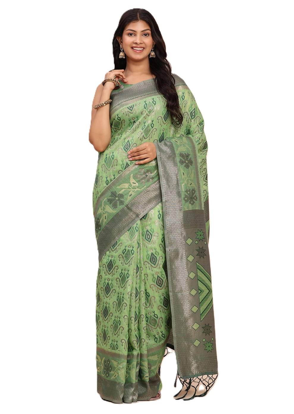 PANZORA Linen Solid Regular Saree With Unstitched Blouse Piece ( Green ) PANZORA Linen Solid Regular Saree With Unstitched Blouse Piece ( Green )