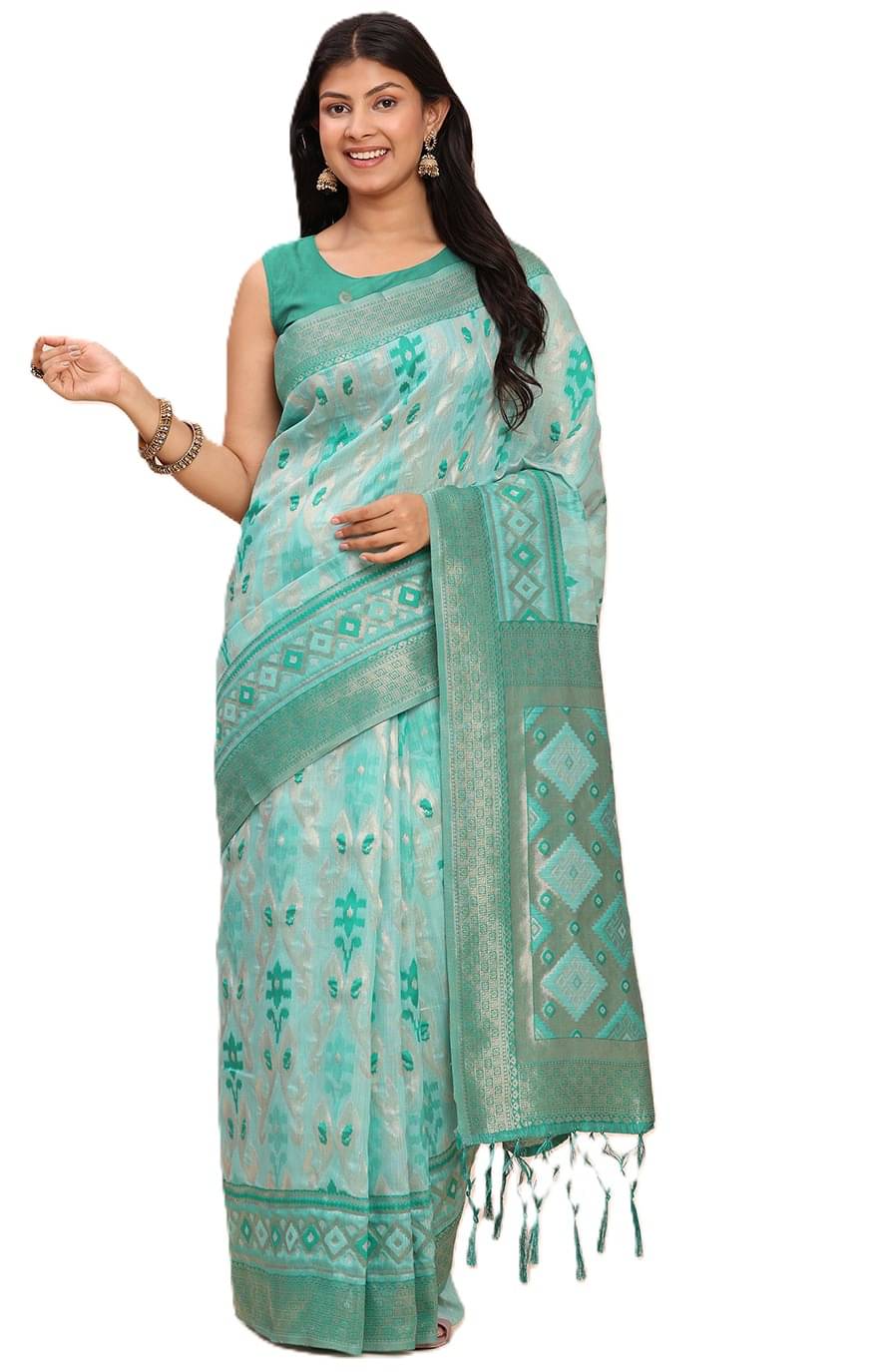     			PANZORA Linen Solid Regular Saree With Unstitched Blouse Piece ( Teal )