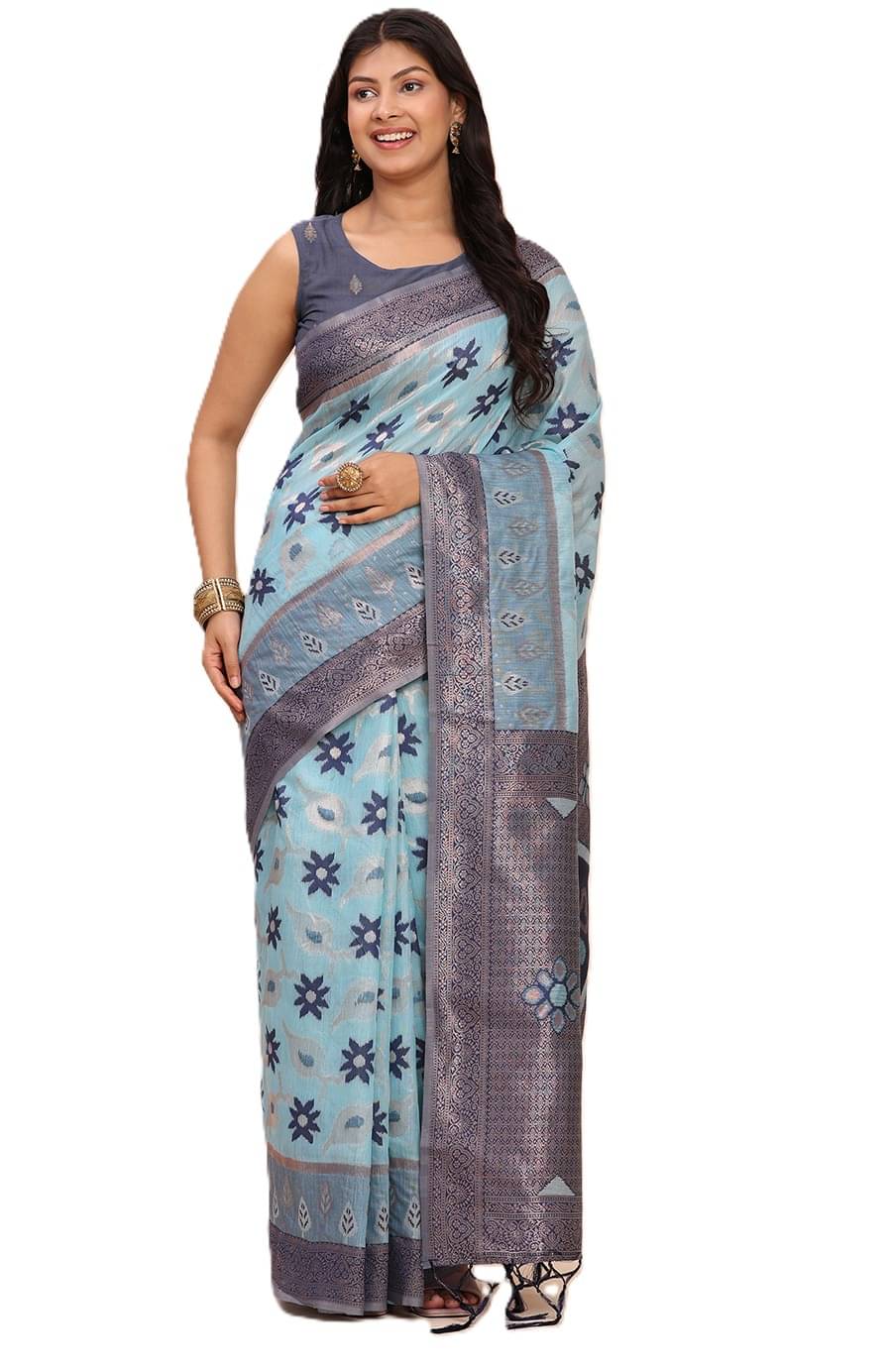 PANZORA Linen Solid Regular Saree With Unstitched Blouse Piece ( Blue ) PANZORA Linen Solid Regular Saree With Unstitched Blouse Piece ( Blue )