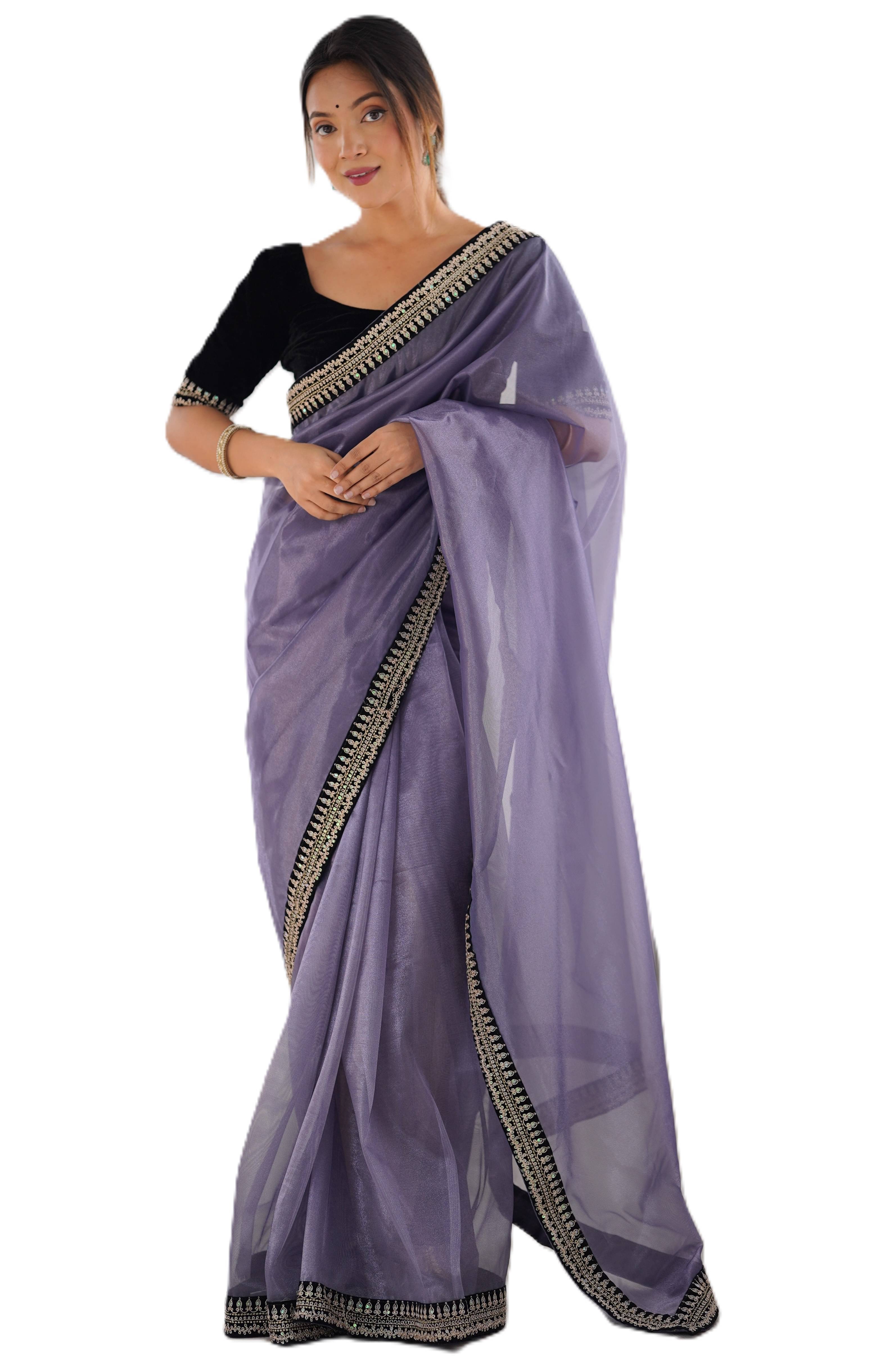     			PANZORA Net Solid Regular Saree With Unstitched Blouse Piece ( Lavender )