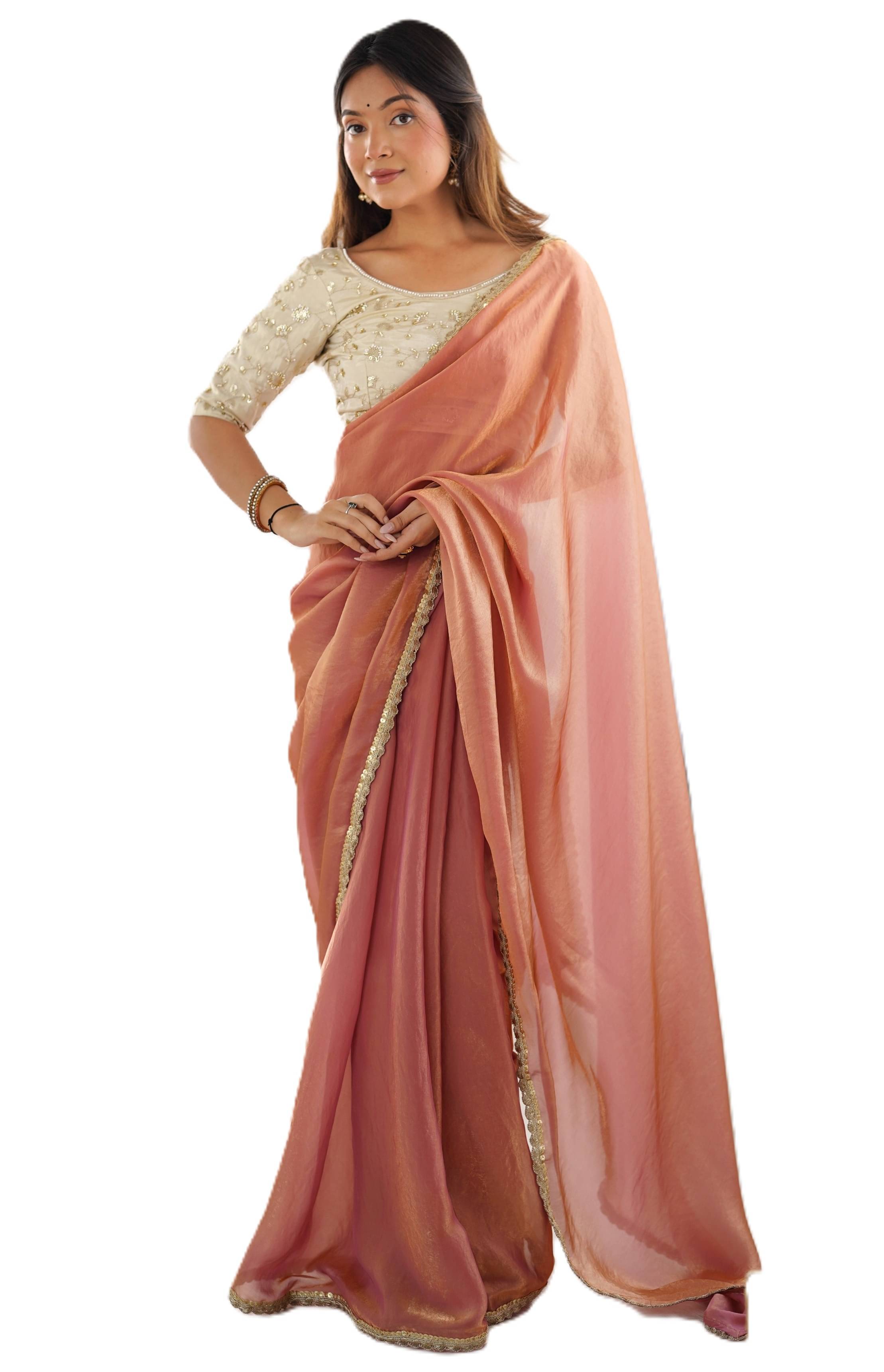    			PANZORA Satin Solid Regular Saree With Unstitched Blouse Piece ( Peach )