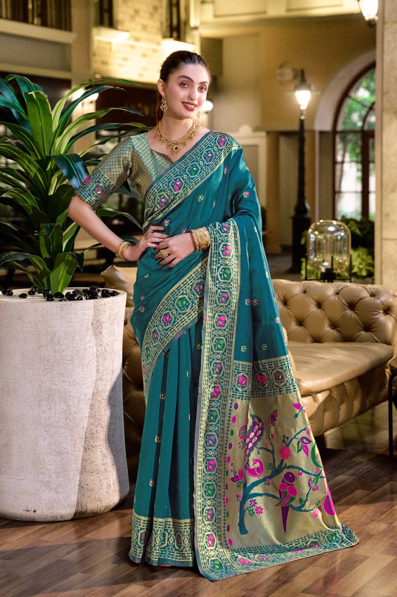 PANZORA Silk Solid Regular Saree With Unstitched Blouse Piece ( Teal ) PANZORA Silk Solid Regular Saree With Unstitched Blouse Piece ( Teal )