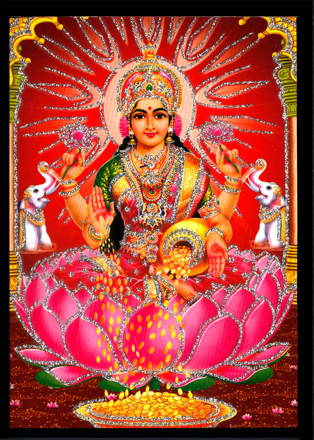 SRI DHANALAKSHMI MATA Sparkled Laminated Photo 5 (Width) x 7 (Length) inch on Wooden Base With Back Support Mount SRI DHANALAKSHMI MATA Sparkled Laminated Photo 5 (Width) x 7 (Length) inch on Wooden Base With Back Support Mount