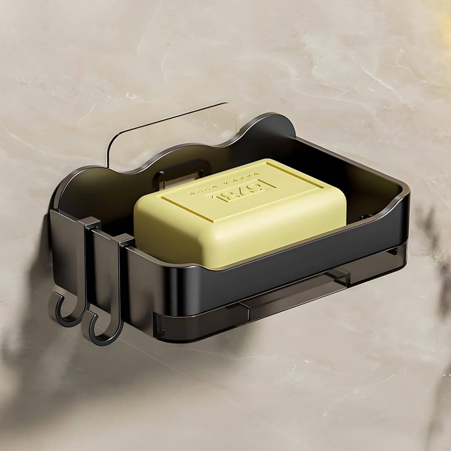     			Soap Holder for Bathroom | Self Adhesive, No-Drill Holder with Drip Tray | 2 Hooks for Extra Storage