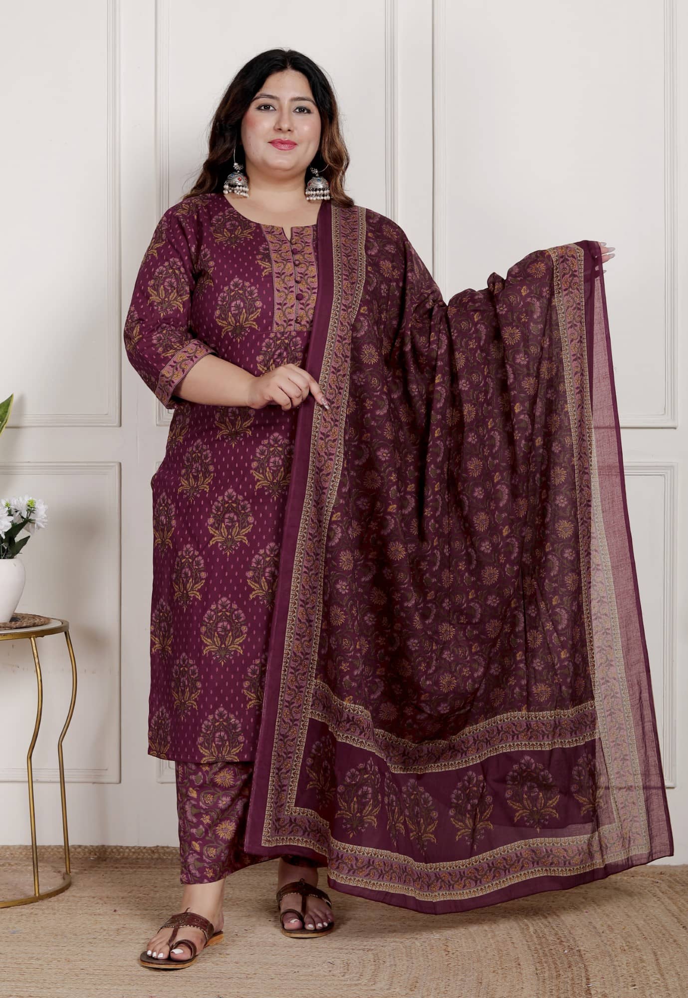 Swasti Women Cotton Printed Straight Kurti With Pants ( Maroon )