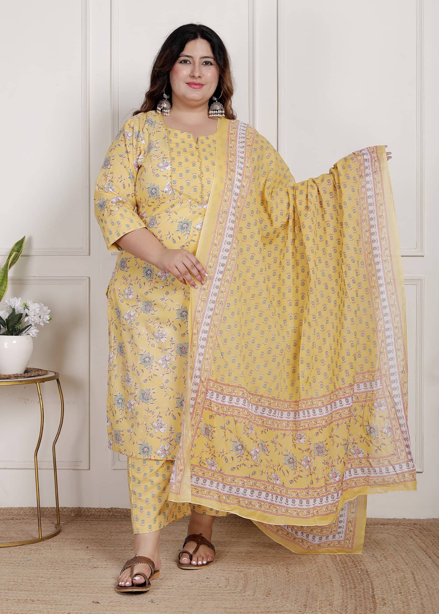Swasti Women Cotton Printed Straight Kurti With Pants ( Yellow )