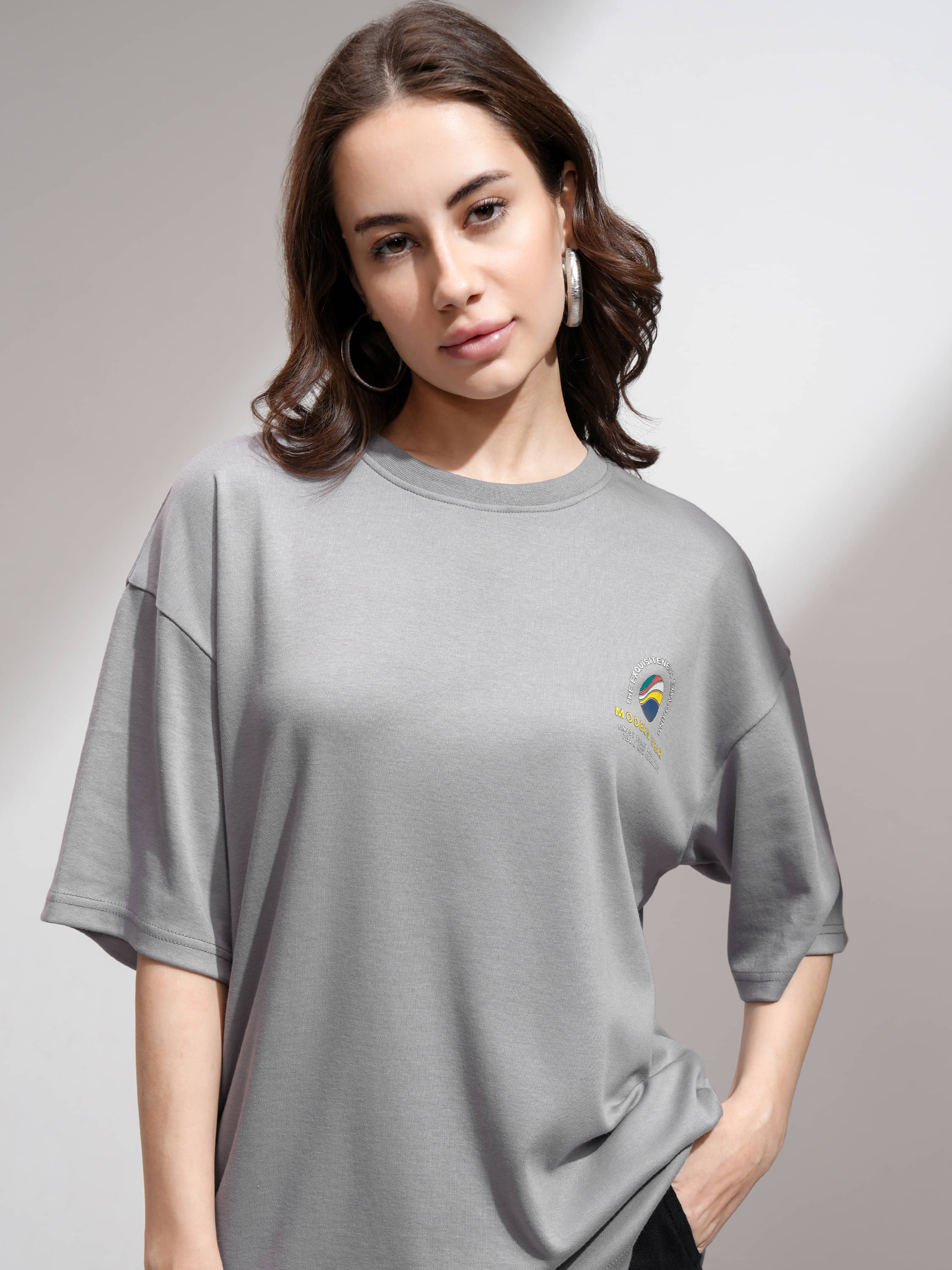     			Tokyo Talkies Women Cotton Blend Printed Oversized Fit Round Neck T-Shirt ( Grey )
