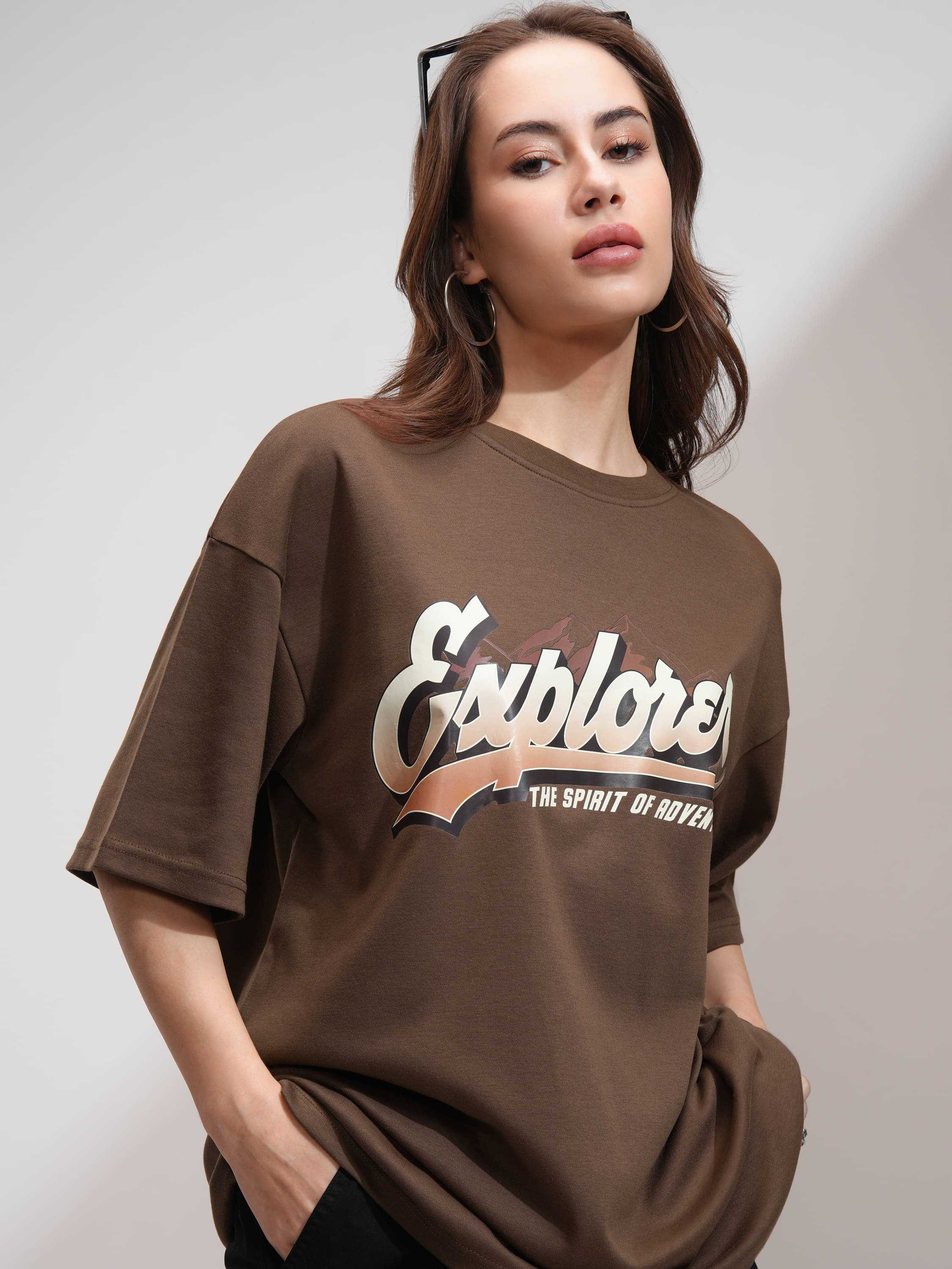     			Tokyo Talkies Women Cotton Blend Printed Oversized Fit Round Neck T-Shirt ( Brown )
