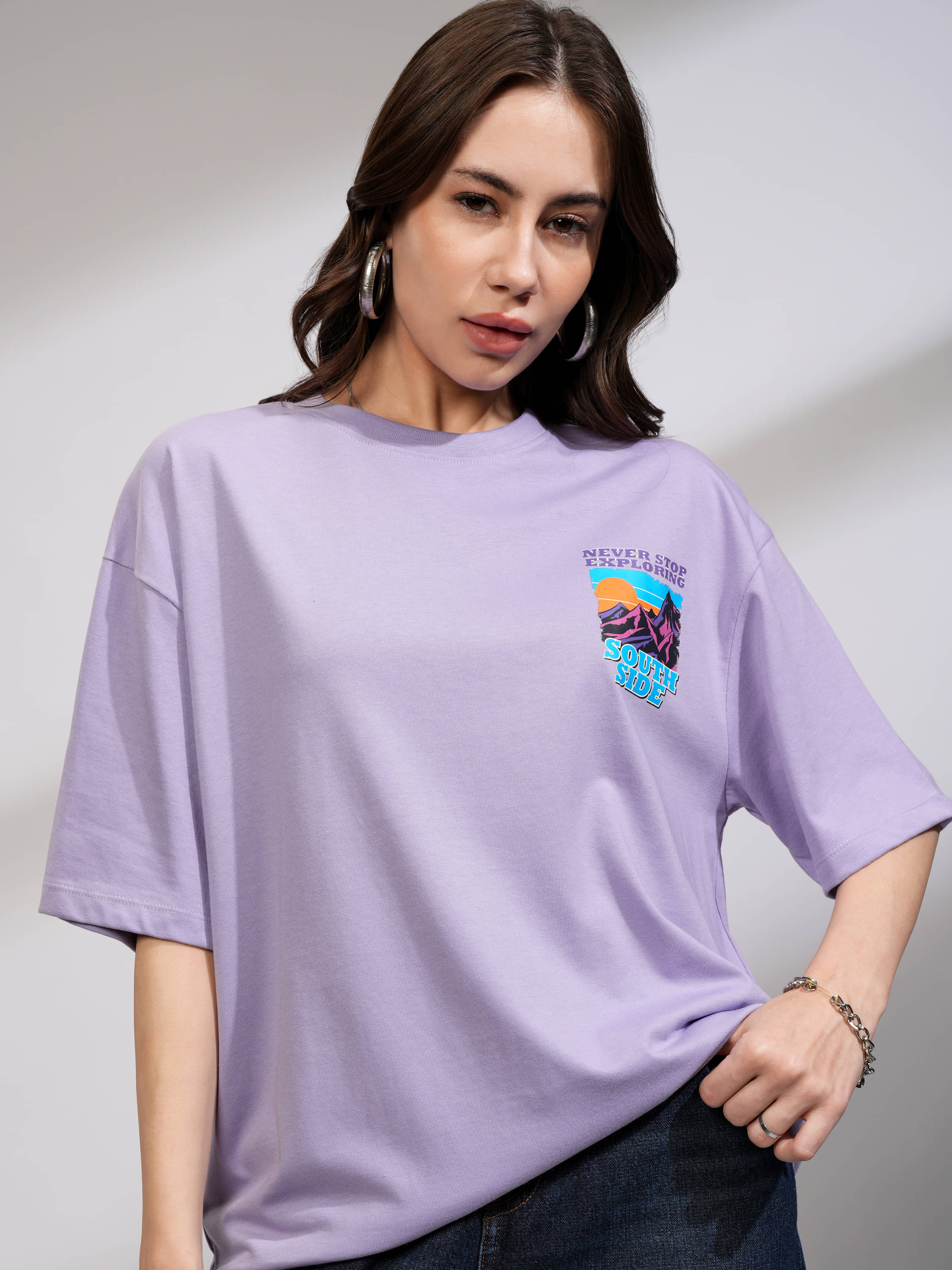     			Tokyo Talkies Women Cotton Blend Printed Oversized Fit Round Neck T-Shirt ( Purple )