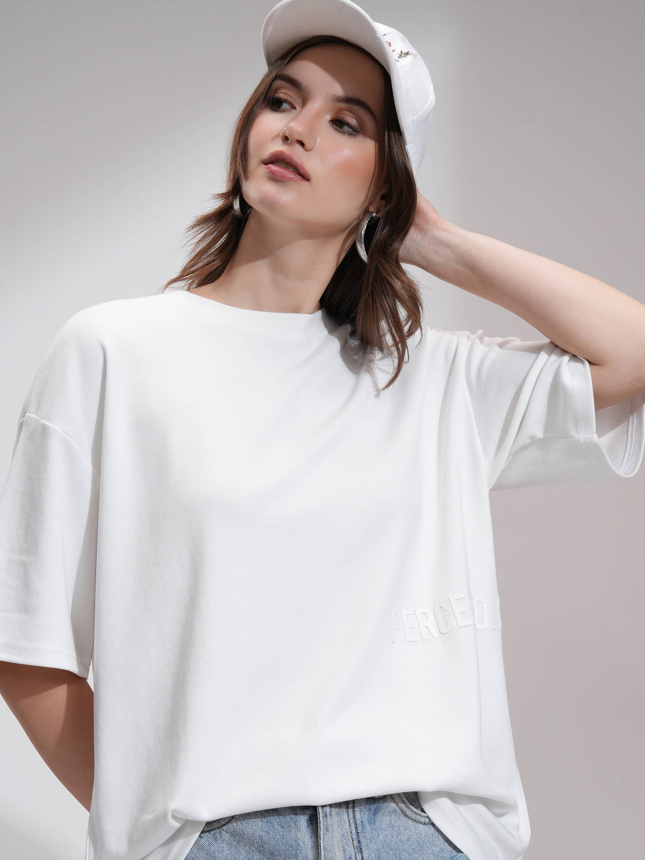Tokyo Talkies Women Cotton Blend Printed Oversized Fit Round Neck T-Shirt ( White )     			Tokyo Talkies Women Cotton Blend Printed Oversized Fit Round Neck T-Shirt ( White )