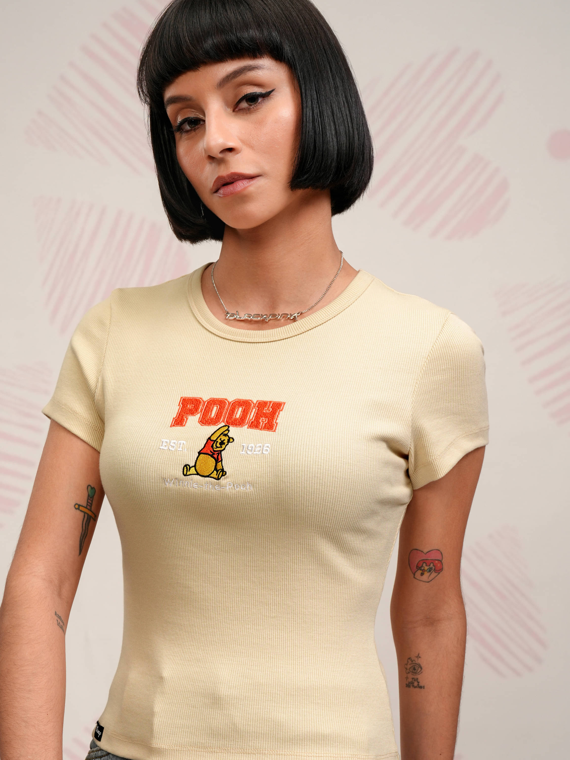 Tokyo Talkies Women Cotton Blend Self Design Regular Fit Round Neck T-Shirt ( Beige )     			Tokyo Talkies Women Cotton Blend Self Design Regular Fit Round Neck T-Shirt ( Beige )