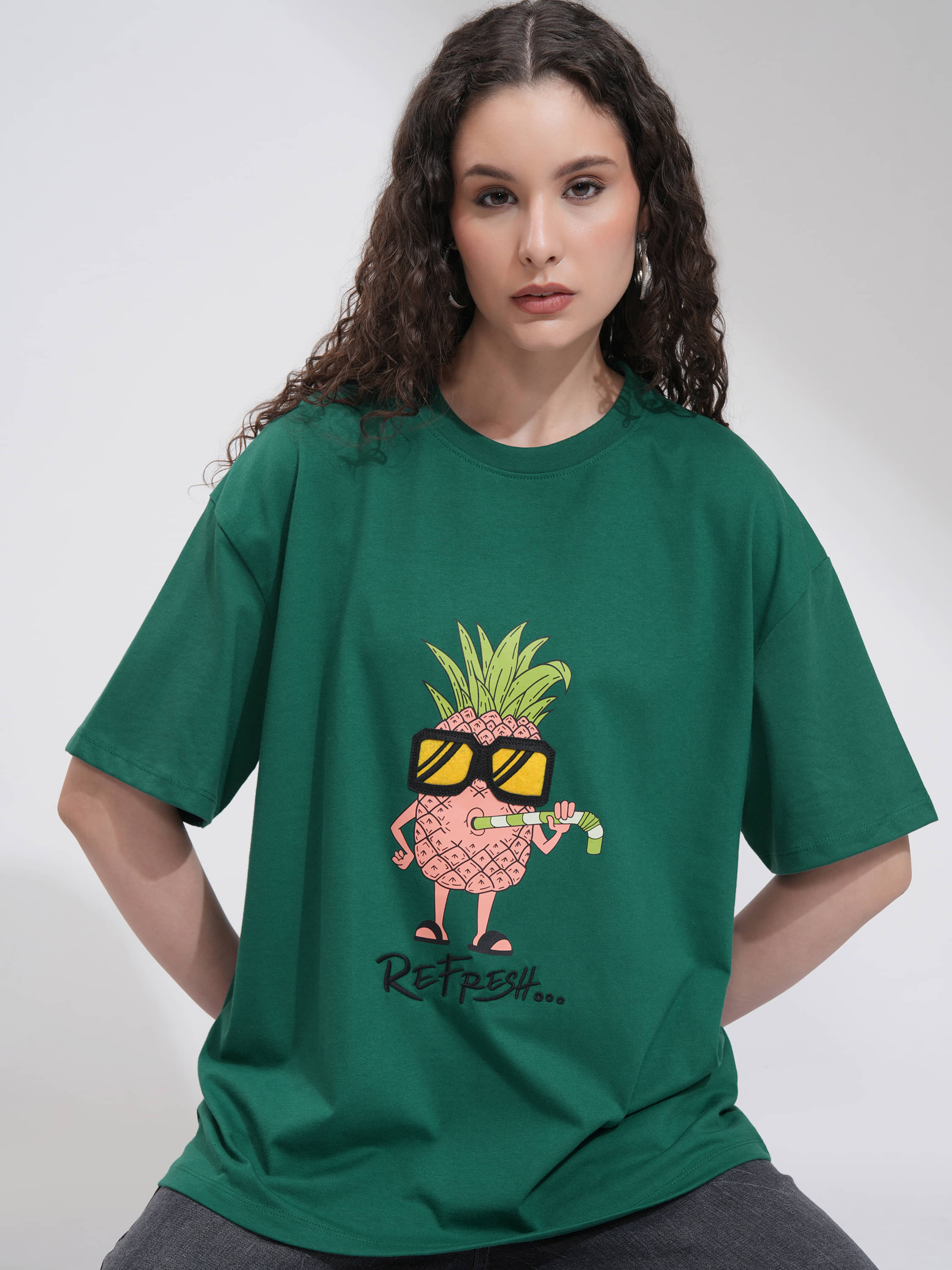     			Tokyo Talkies Women Cotton Blend Printed Oversized Fit Round Neck T-Shirt ( Green )