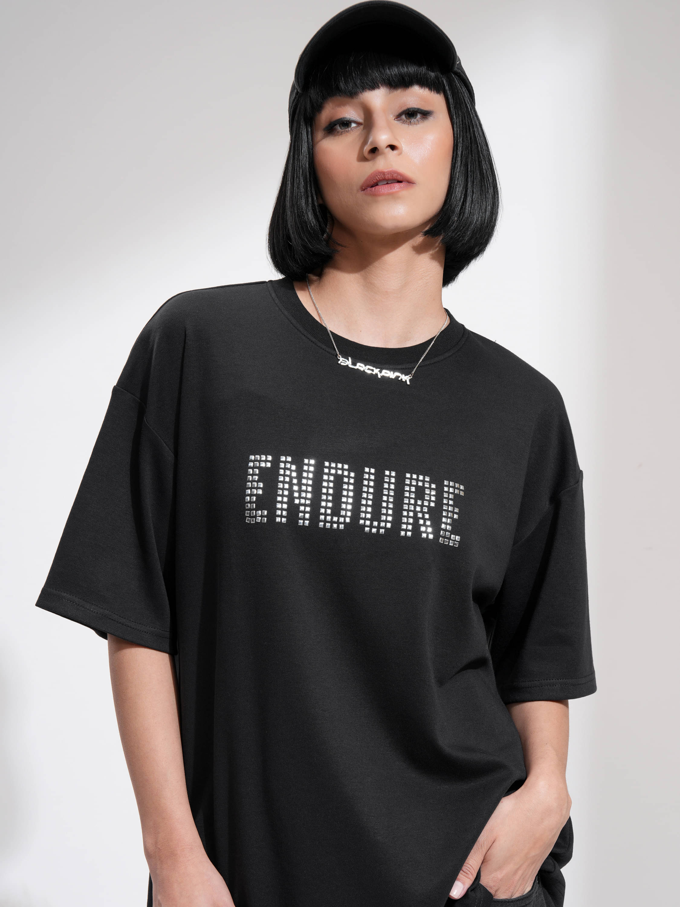 Tokyo Talkies Women Cotton Blend Printed Oversized Fit Round Neck T-Shirt ( Black )     			Tokyo Talkies Women Cotton Blend Printed Oversized Fit Round Neck T-Shirt ( Black )