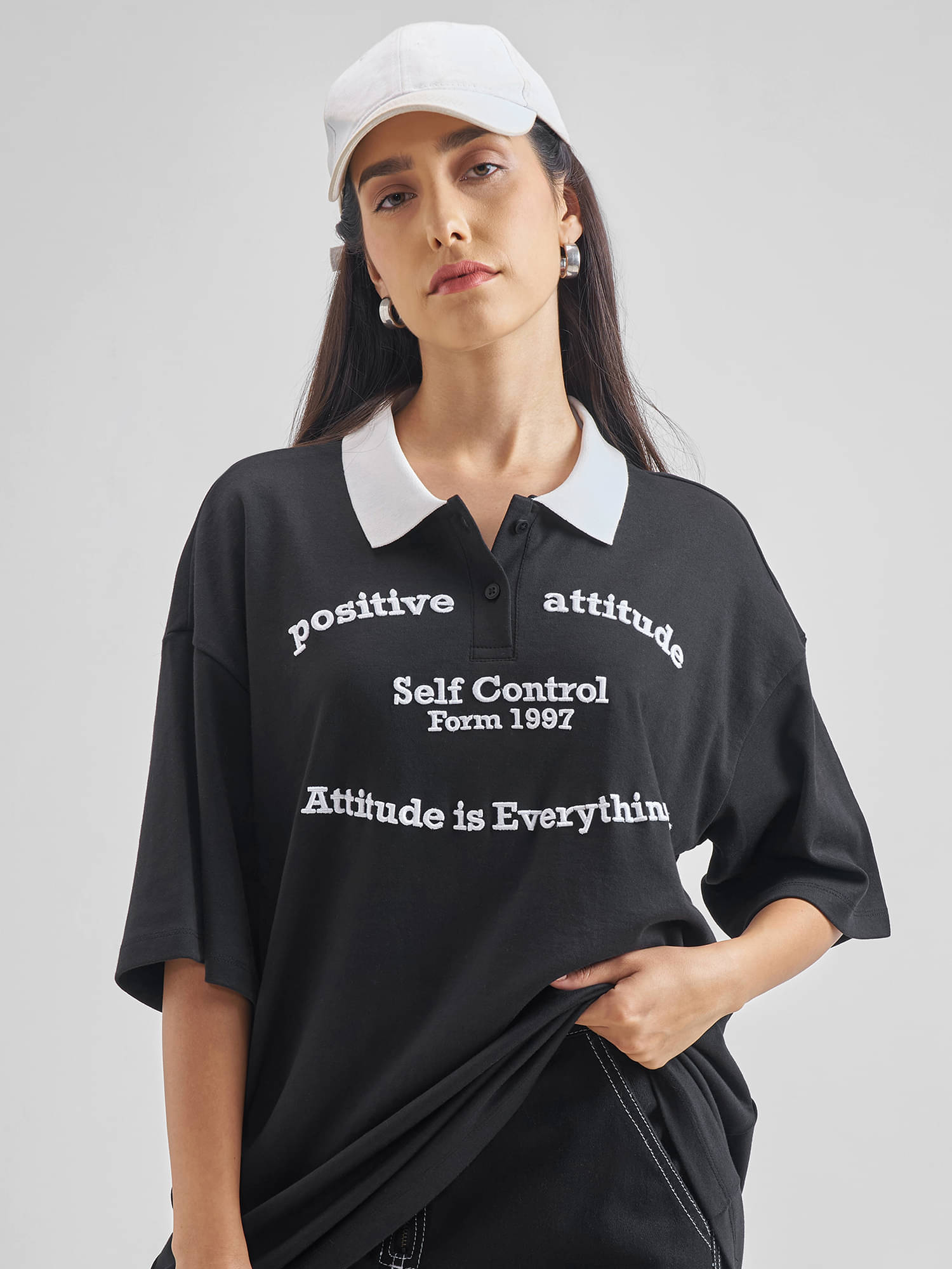     			Tokyo Talkies Women Cotton Blend Printed Oversized Fit Polo Collar T-Shirt ( Black )