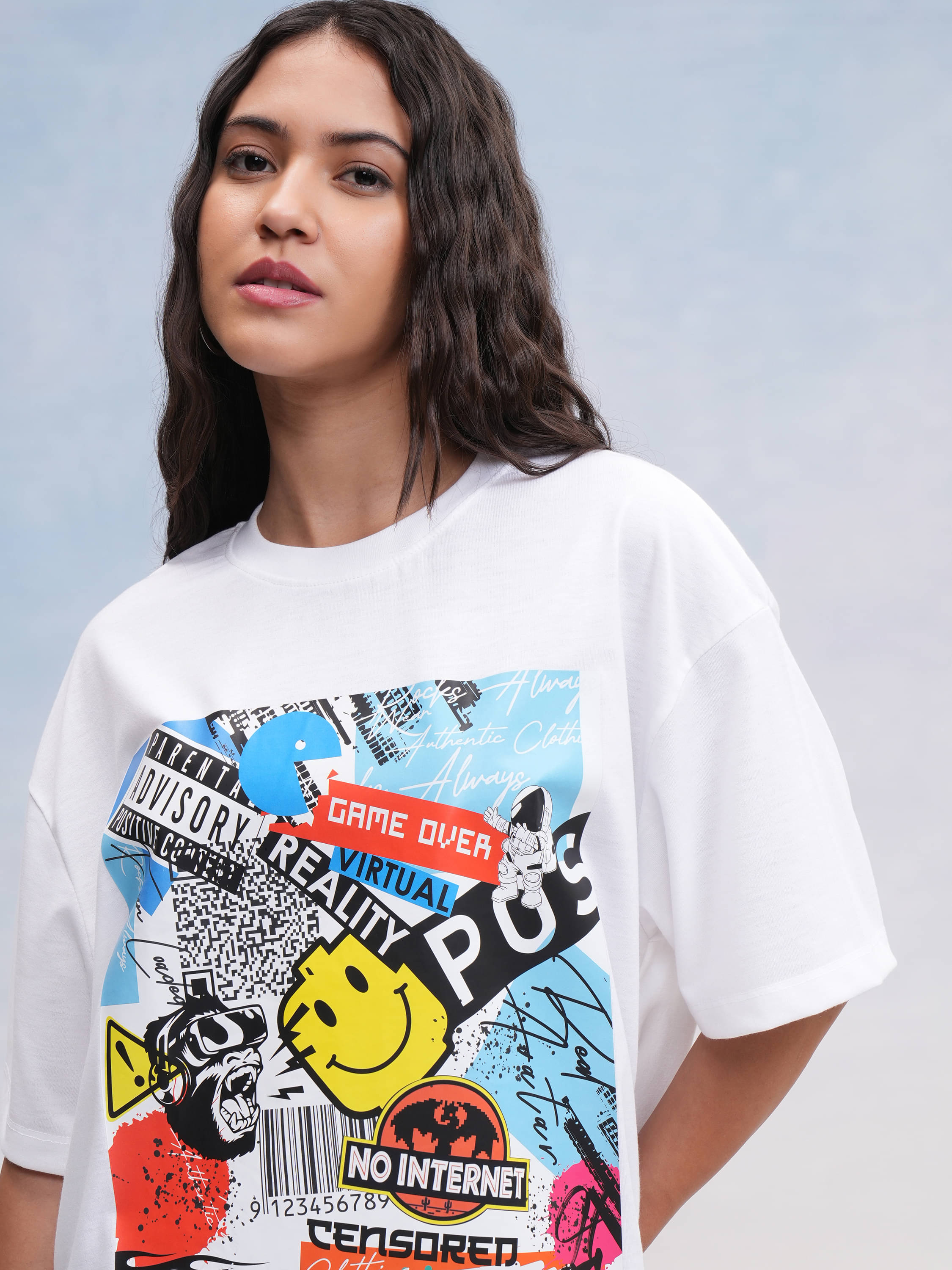     			Tokyo Talkies Women Poly Cotton Printed Oversized Fit Round Neck T-Shirt ( White )