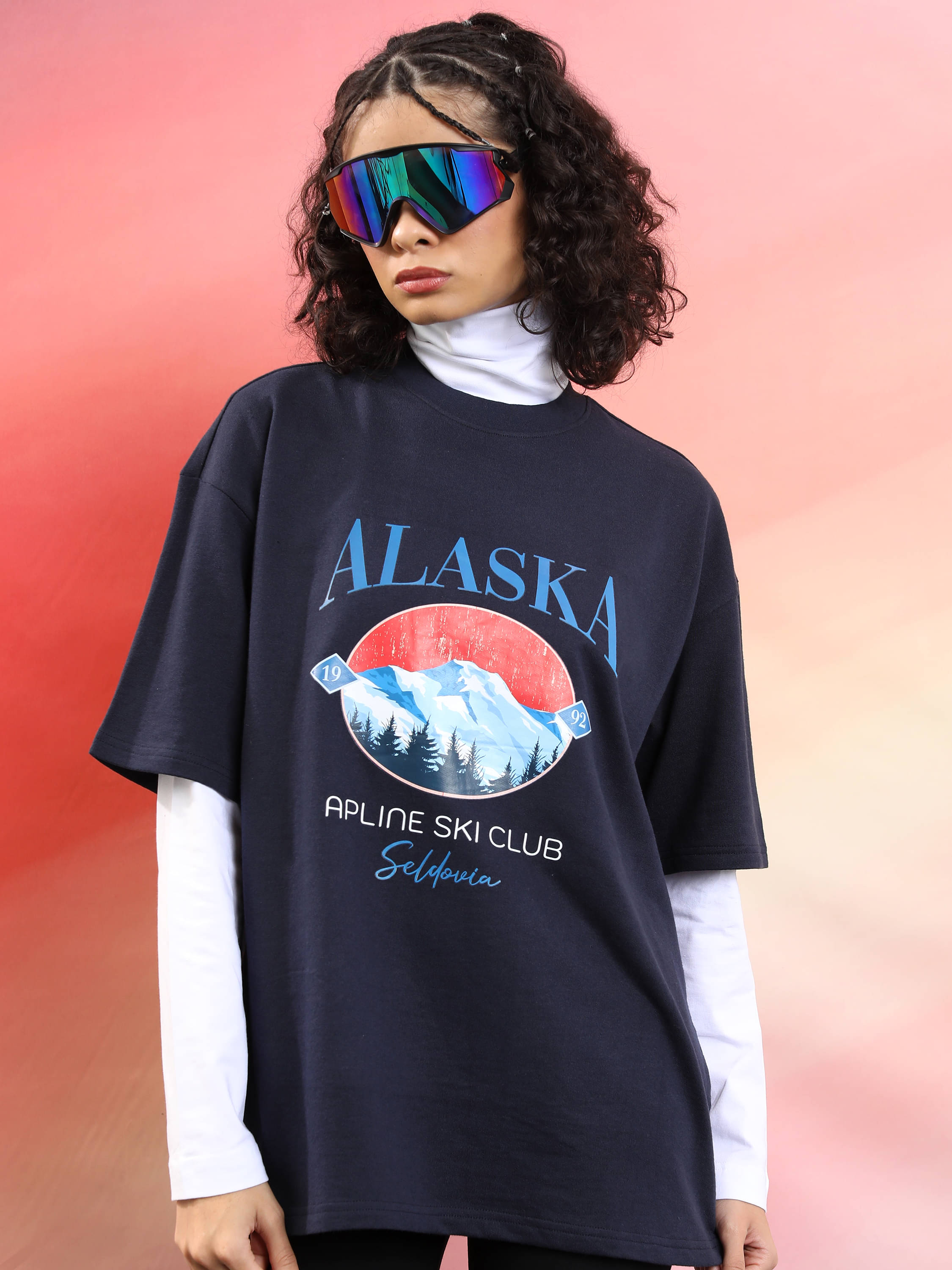     			Tokyo Talkies Women Poly Cotton Printed Oversized Fit Round Neck T-Shirt ( Navy )