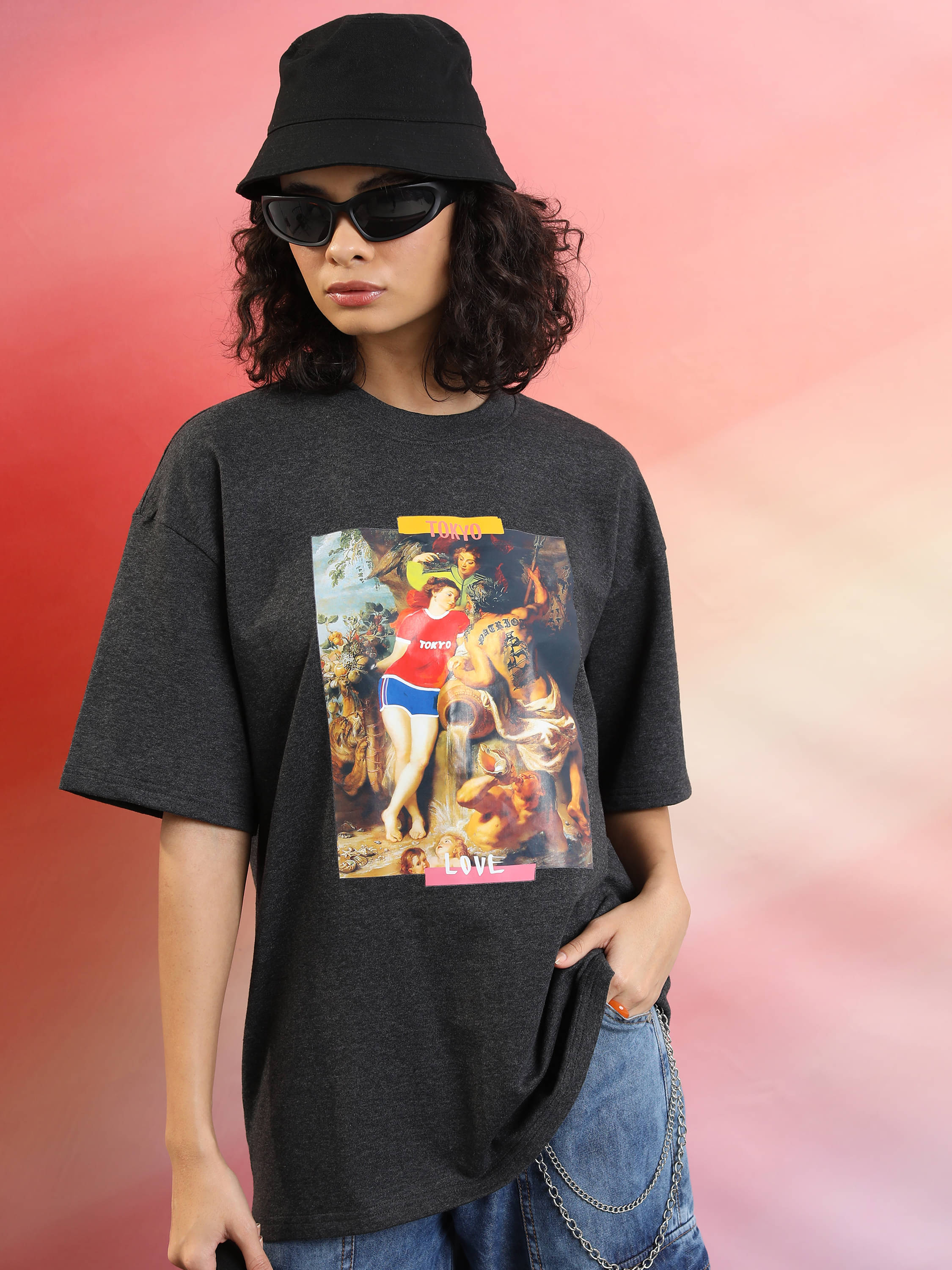     			Tokyo Talkies Women Poly Cotton Printed Oversized Fit Round Neck T-Shirt ( Charcoal )
