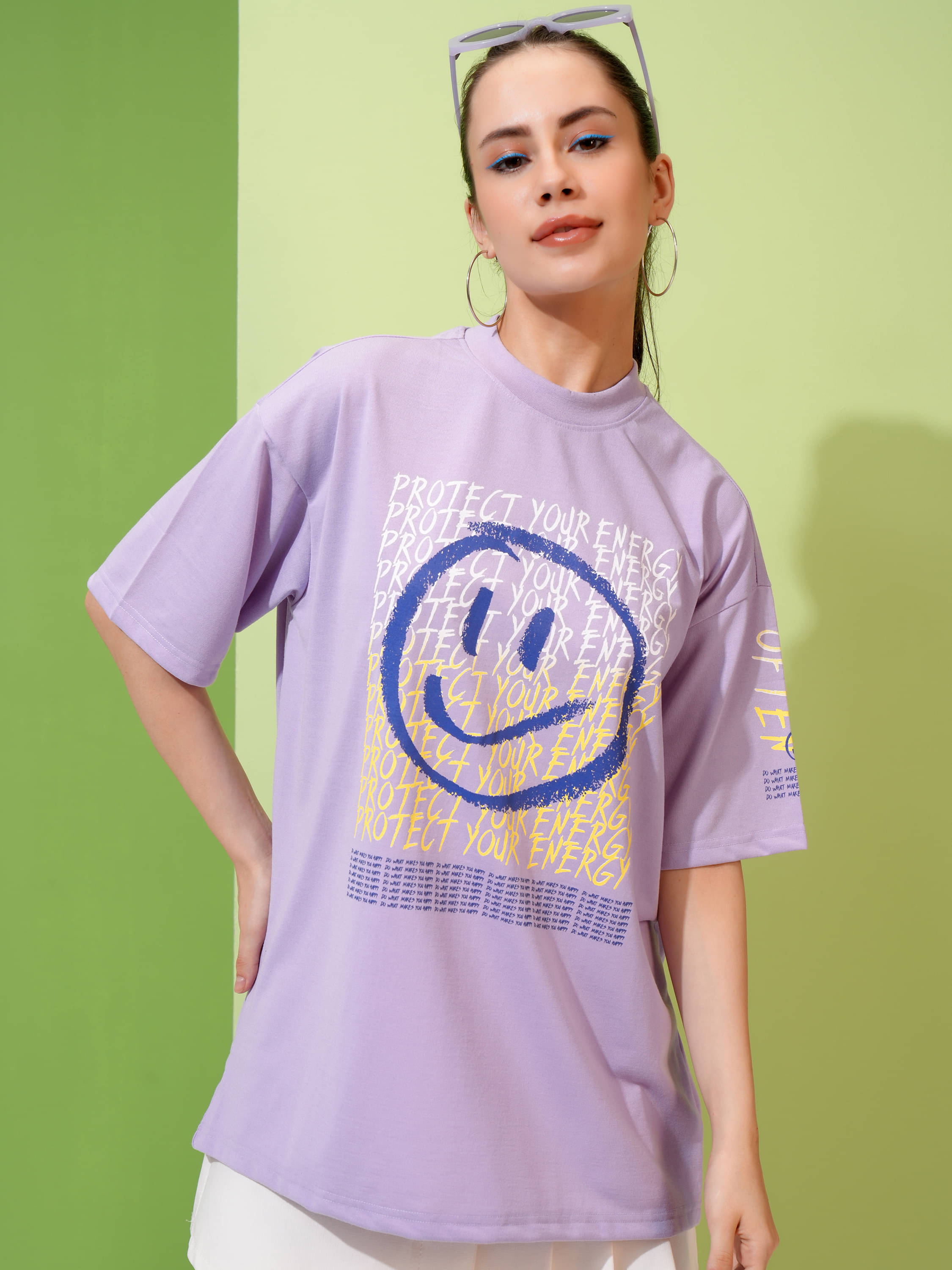     			Tokyo Talkies Women Polyester Solid Oversized Fit Round Neck T-Shirt ( Lavender )