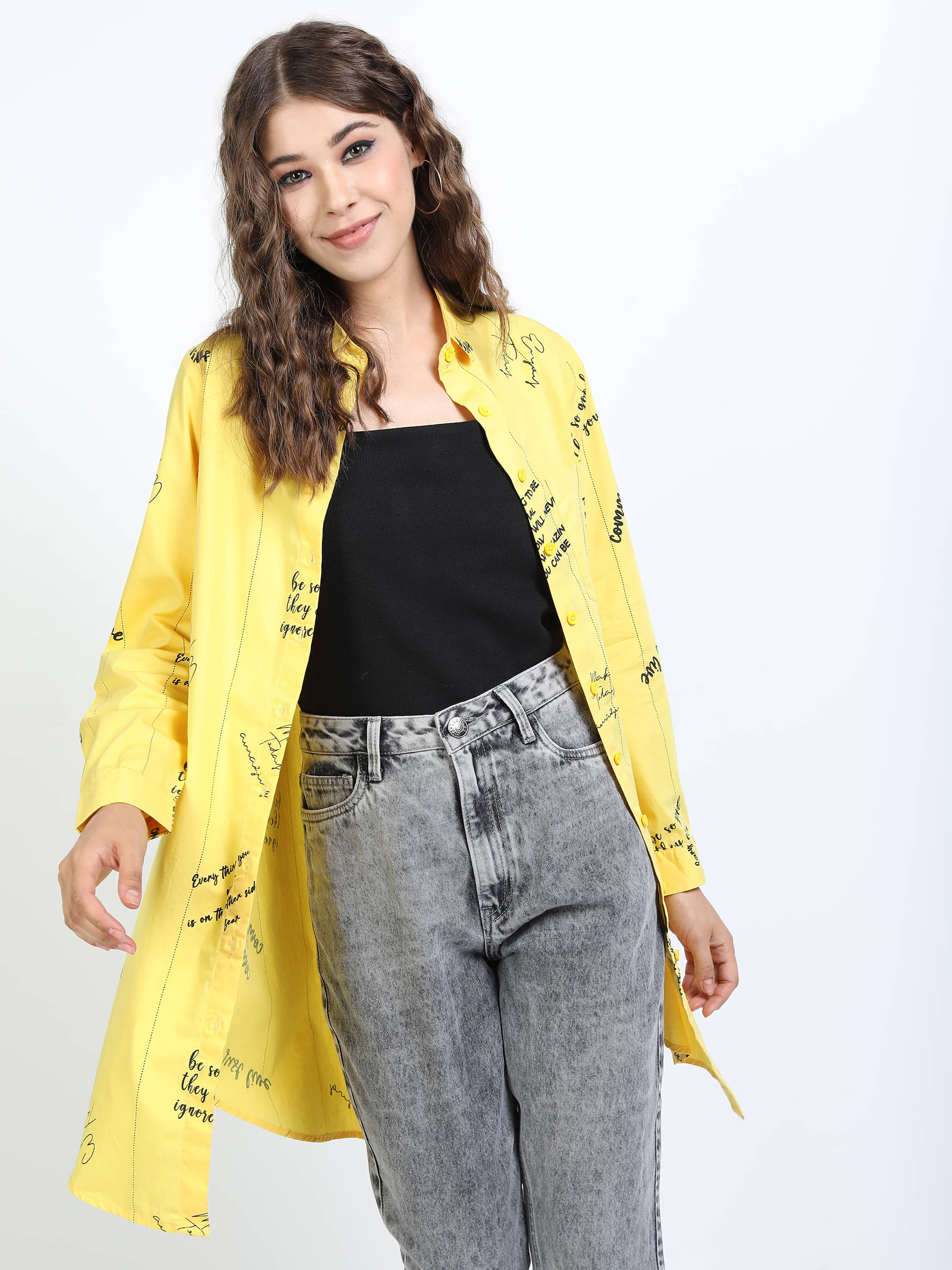 Tokyo Talkies Women Printed Cotton Shirt ( Yellow ) Tokyo Talkies Women Printed Cotton Shirt ( Yellow )