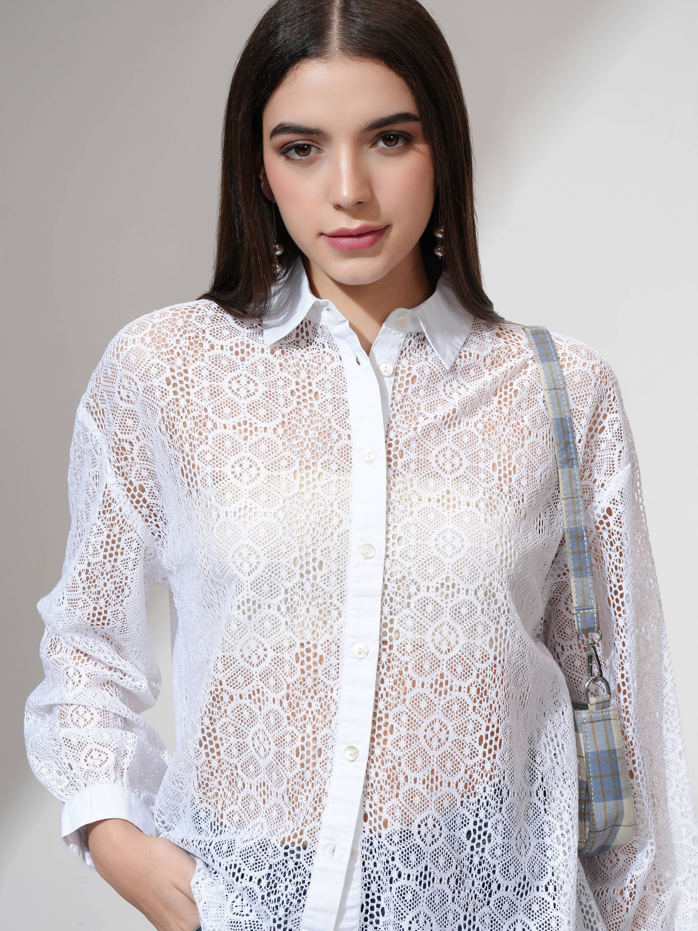 Tokyo Talkies Women Self Design Polyester Shirt ( White ) Tokyo Talkies Women Self Design Polyester Shirt ( White )