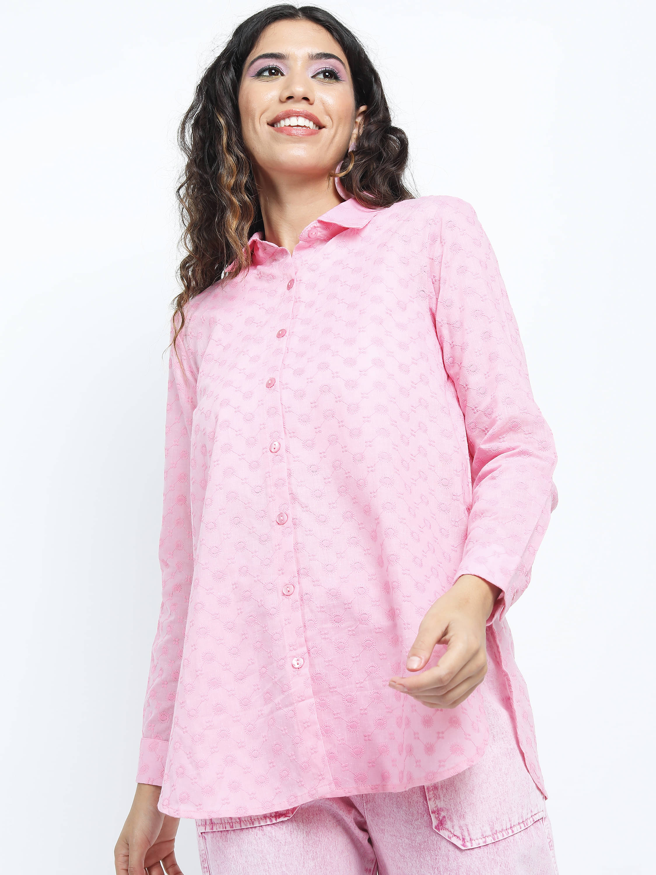     			Tokyo Talkies Women Self Design Poly Cotton Shirt ( Pink )