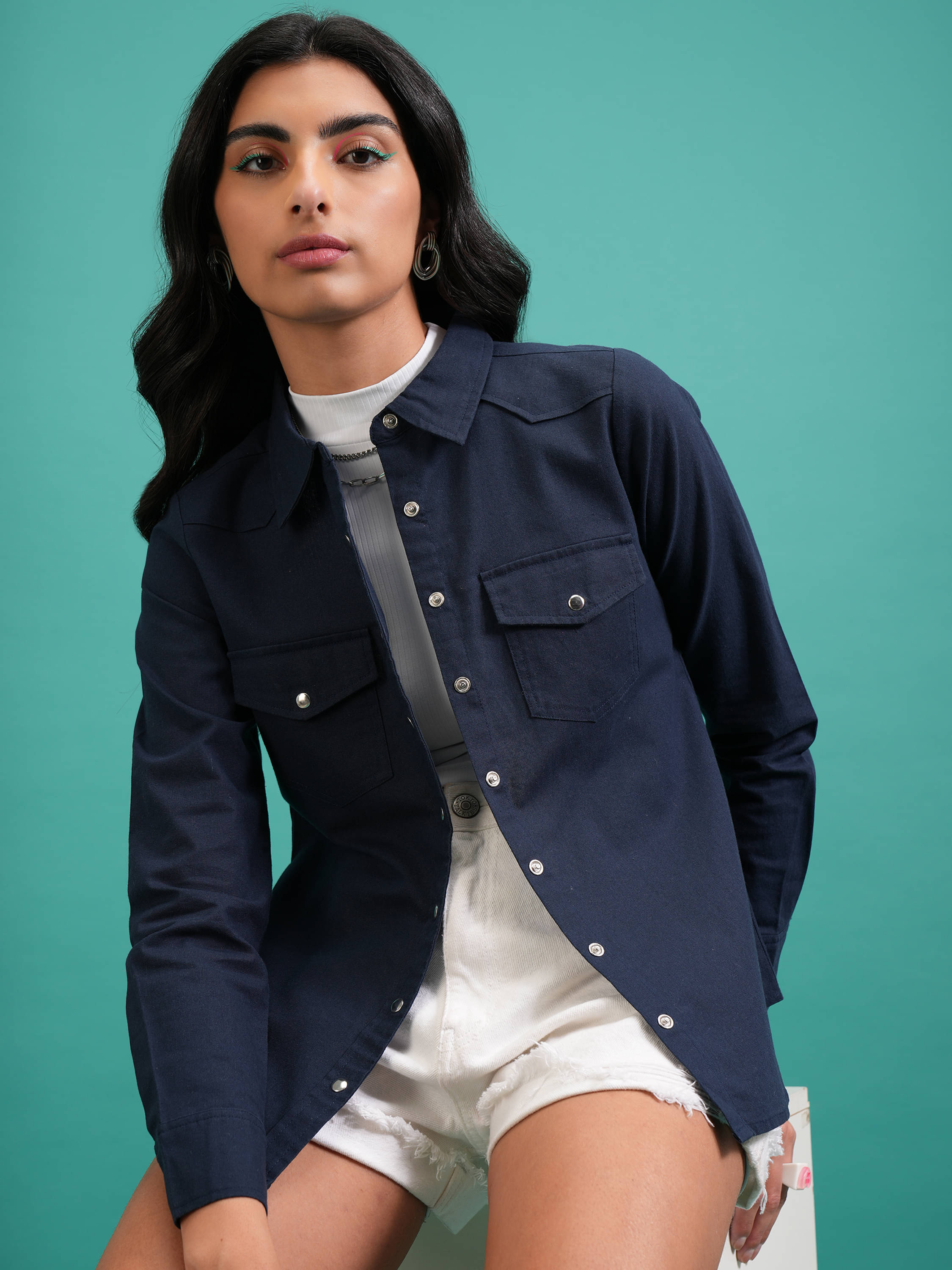 Tokyo Talkies Women Solid Cotton Shirt ( Navy )     			Tokyo Talkies Women Solid Cotton Shirt ( Navy )