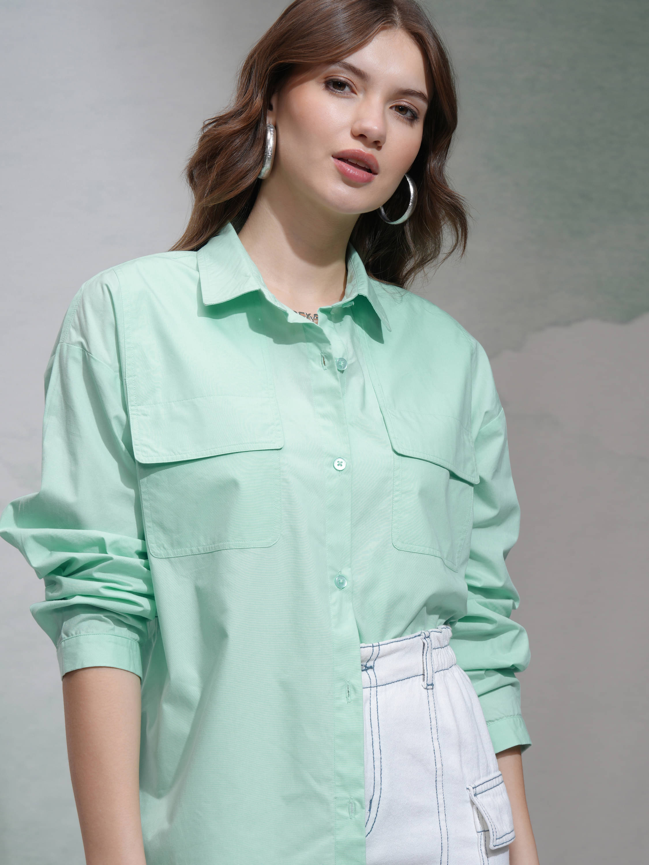 Tokyo Talkies Women Solid Cotton Shirt ( Green )     			Tokyo Talkies Women Solid Cotton Shirt ( Green )