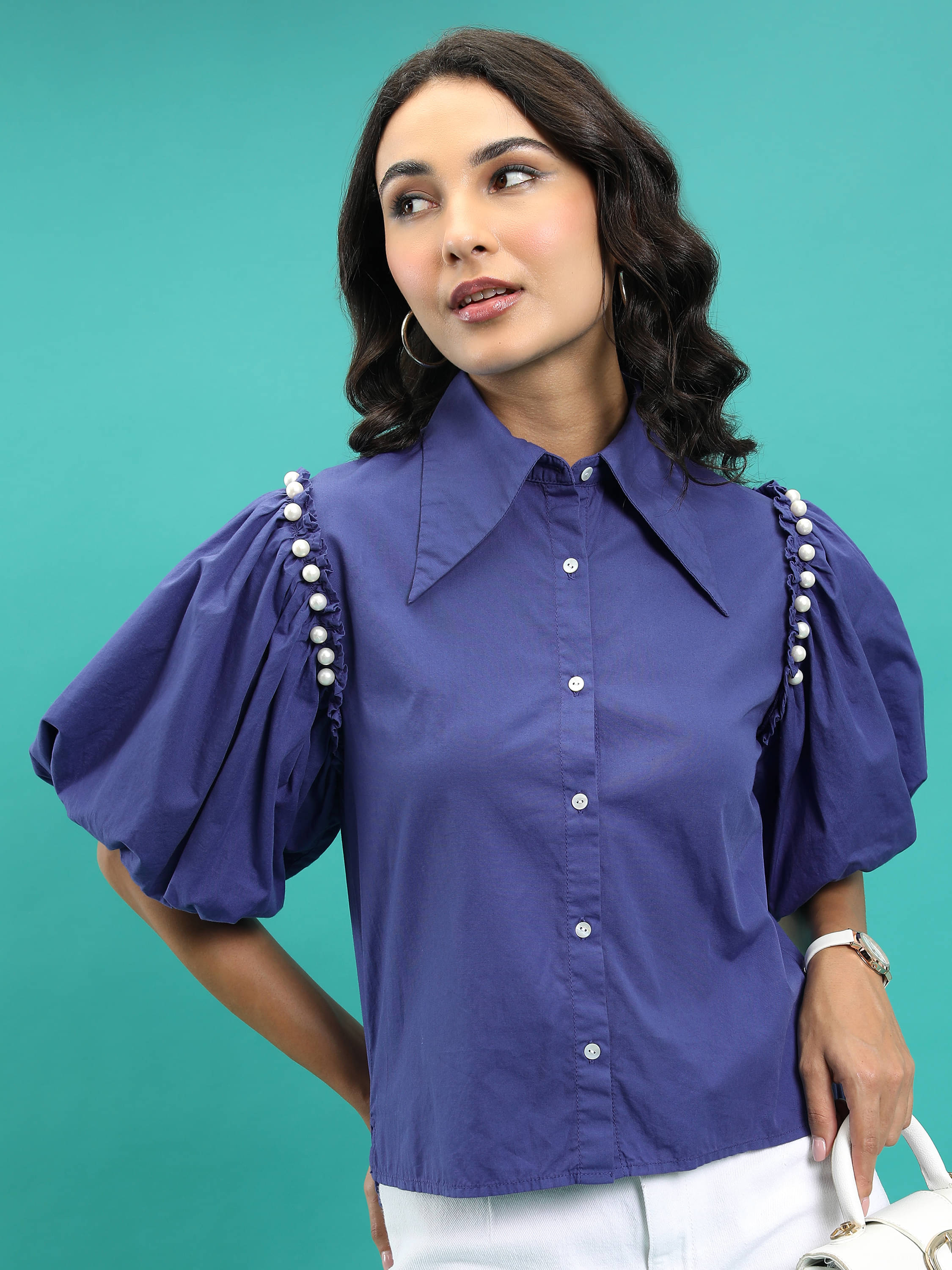    			Tokyo Talkies Women Solid Cotton Shirt ( Blue )