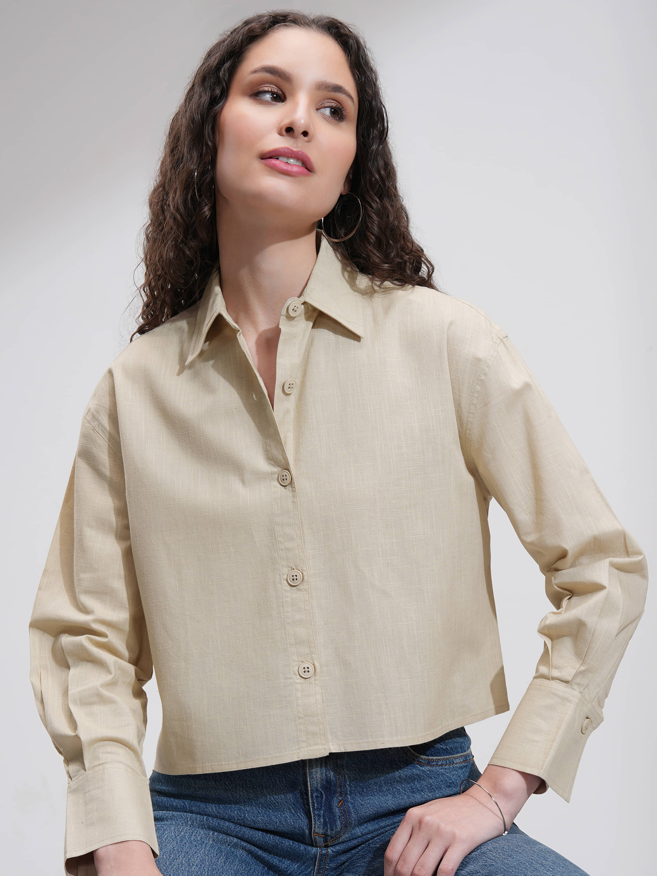     			Tokyo Talkies Women Solid Cotton Blend Shirt ( Beige )