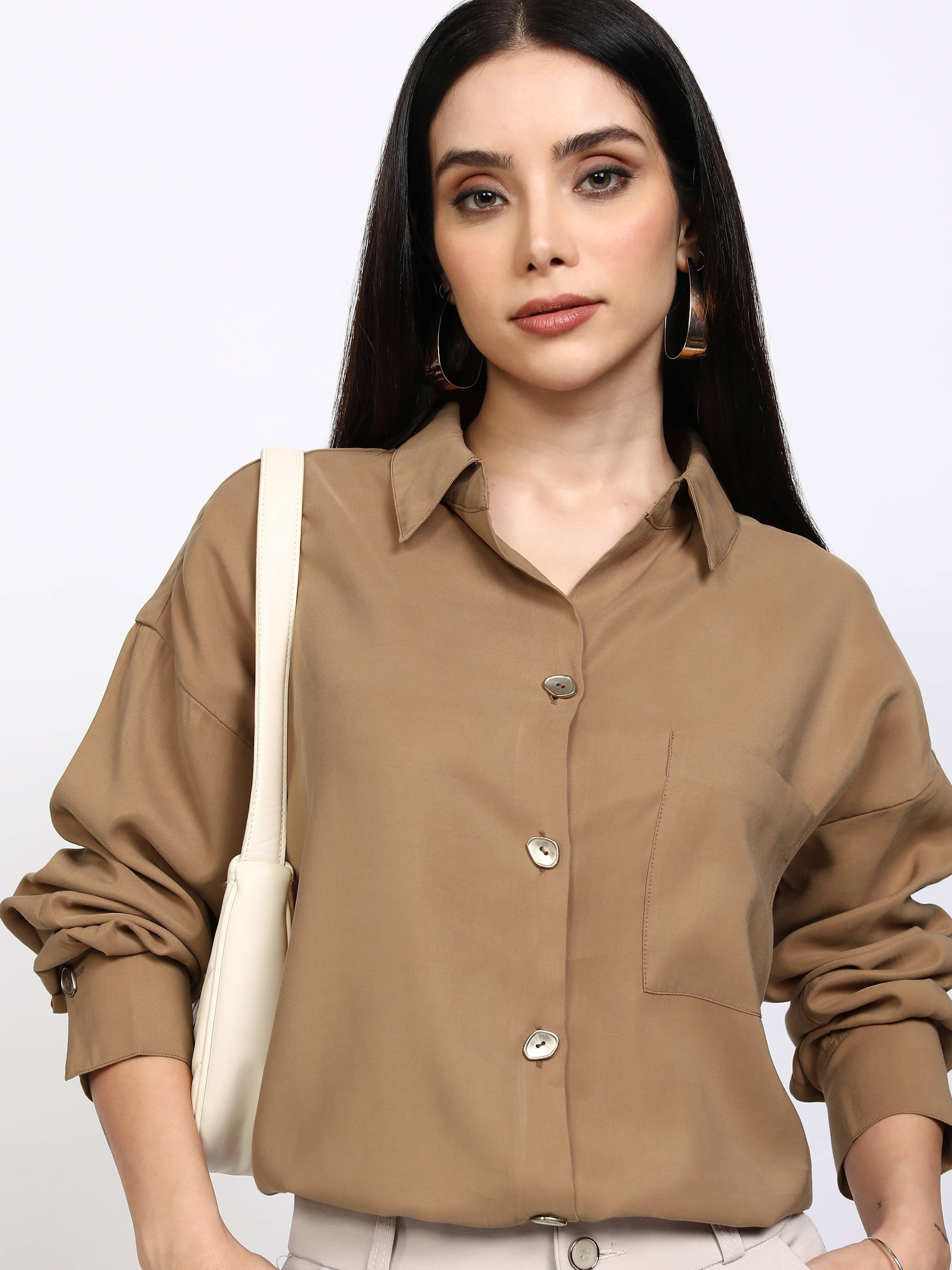     			Tokyo Talkies Women Solid Rayon Shirt ( Brown )