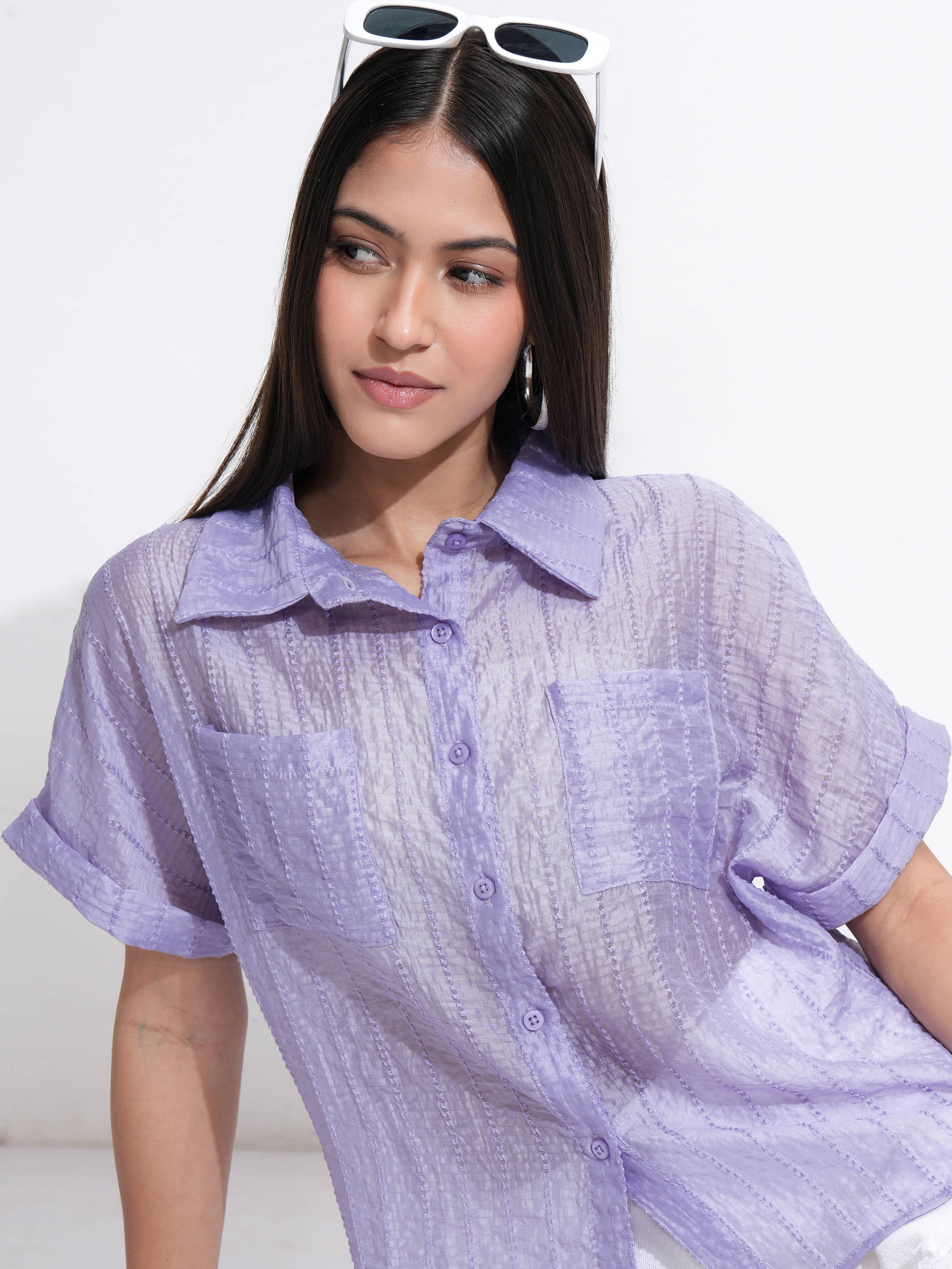     			Tokyo Talkies Women Solid Rayon Shirt ( Purple )