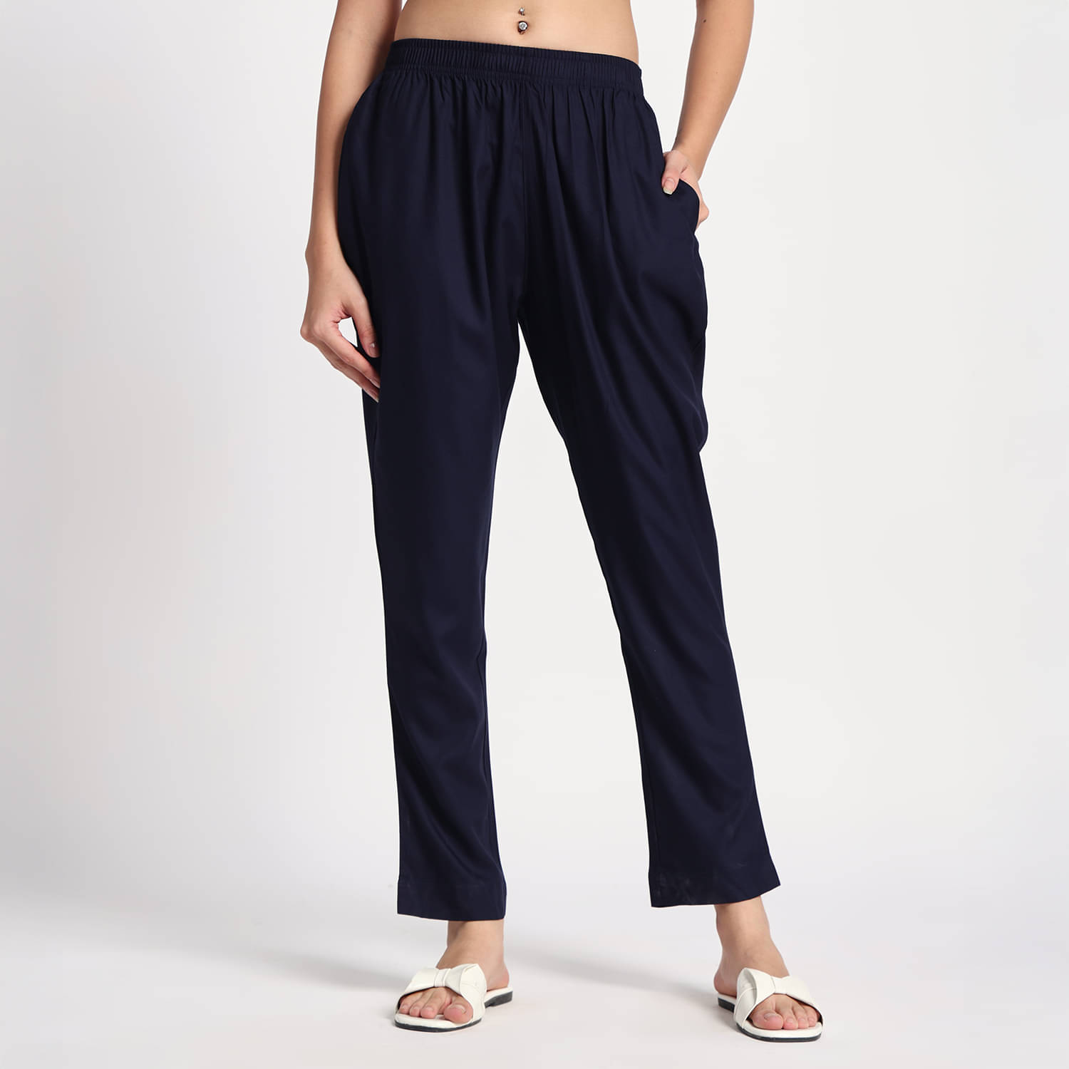 Vivika Women Rayon Casual Trousers ( Navy Blue ) Vivika Women Rayon Casual Trousers ( Navy Blue )