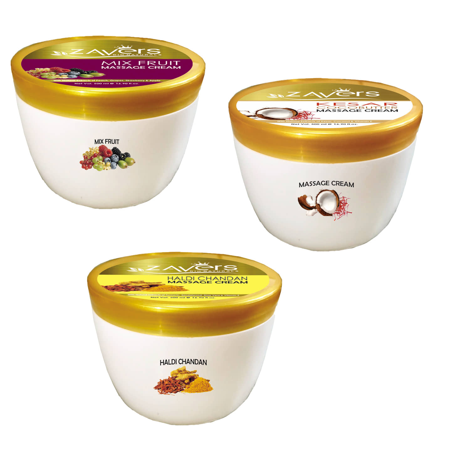 Zavers Mix Fruit massage cream + Kesar coca Butter cream +Haldi Chandan massage cream500ml(Set of 3)