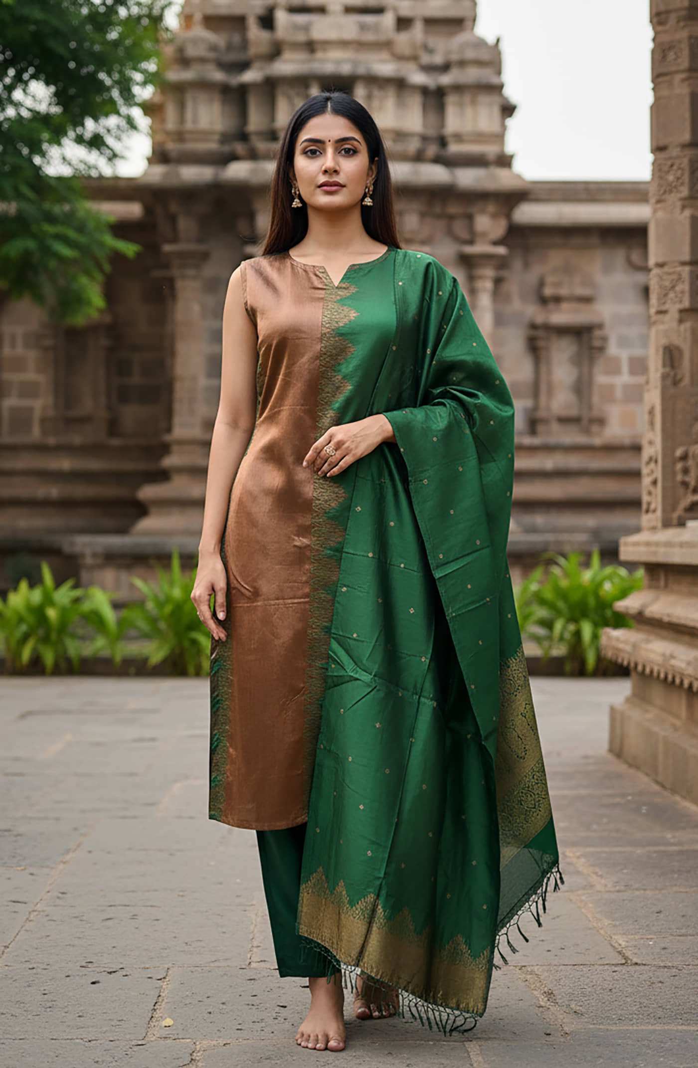 kedar fab Women Brocade Self Design Straight Kurti With Pants ( Green )
