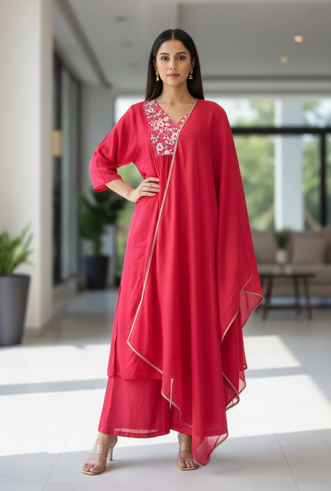     			kedar fab Women Chiffon Embroidered A-line Kurti With Palazzo ( Pink )