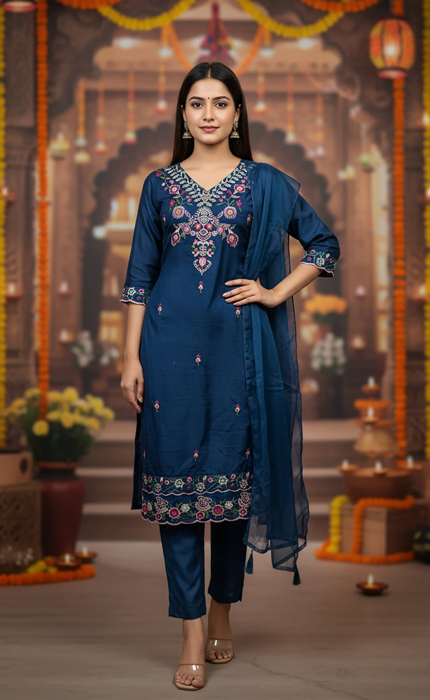 kedar fab Women Cotton Blend Embroidered Straight Kurti With Pants ( Navy Blue )