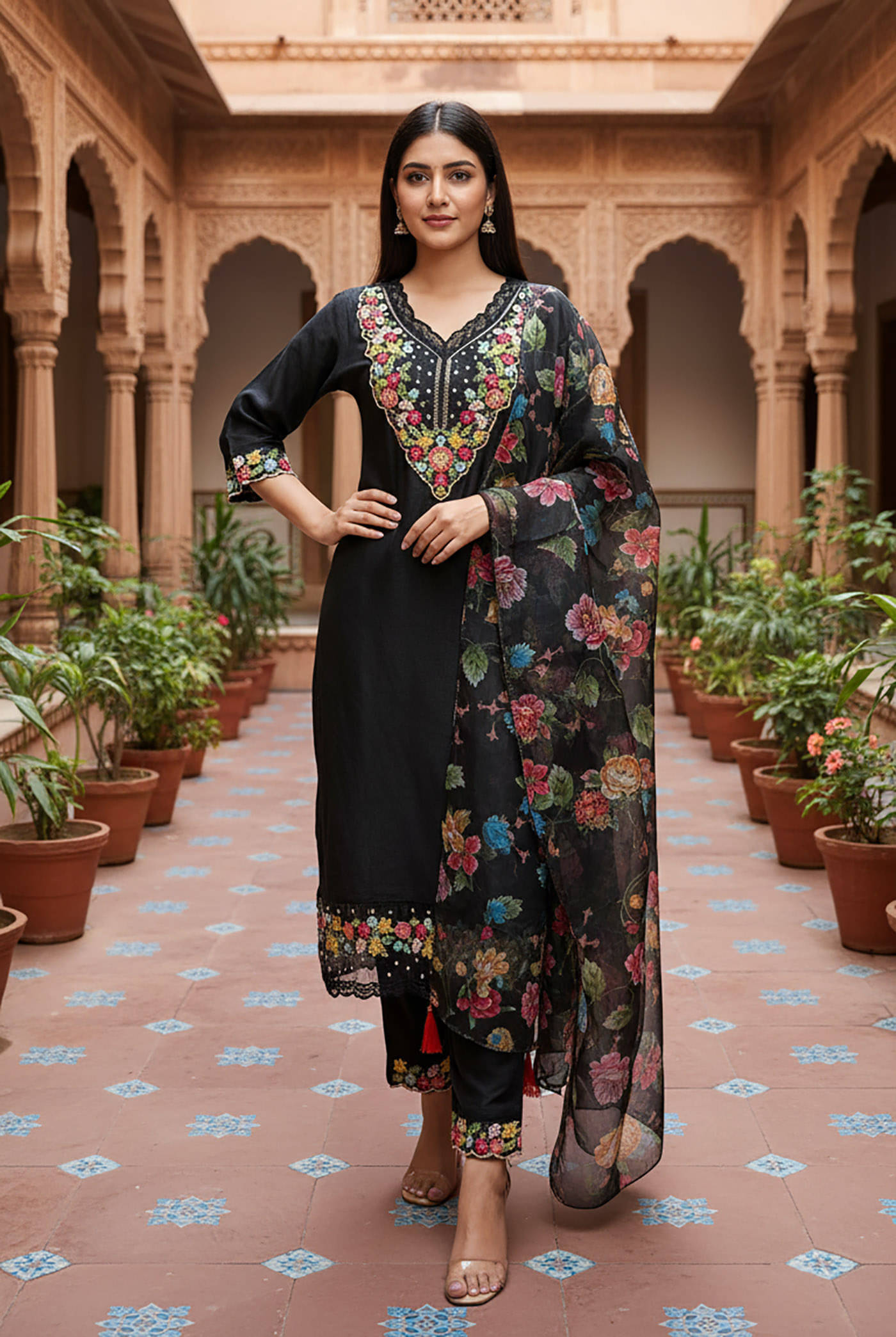 kedar fab Women Cotton Blend Embroidered A-line Kurti With Pants ( Black ) kedar fab Women Cotton Blend Embroidered A-line Kurti With Pants ( Black )