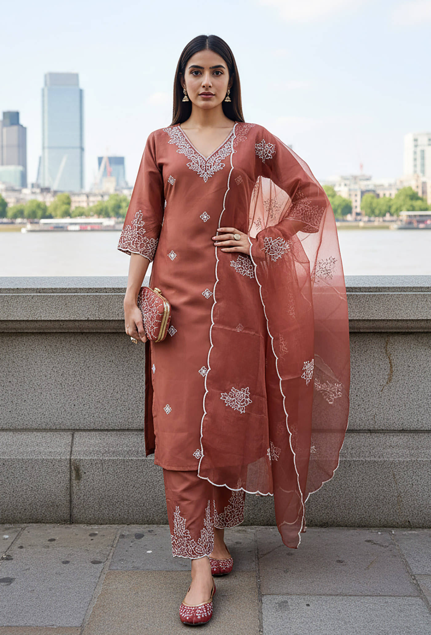     			kedar fab Women Cotton Blend Embroidered Straight Kurti With Palazzo ( Brown )